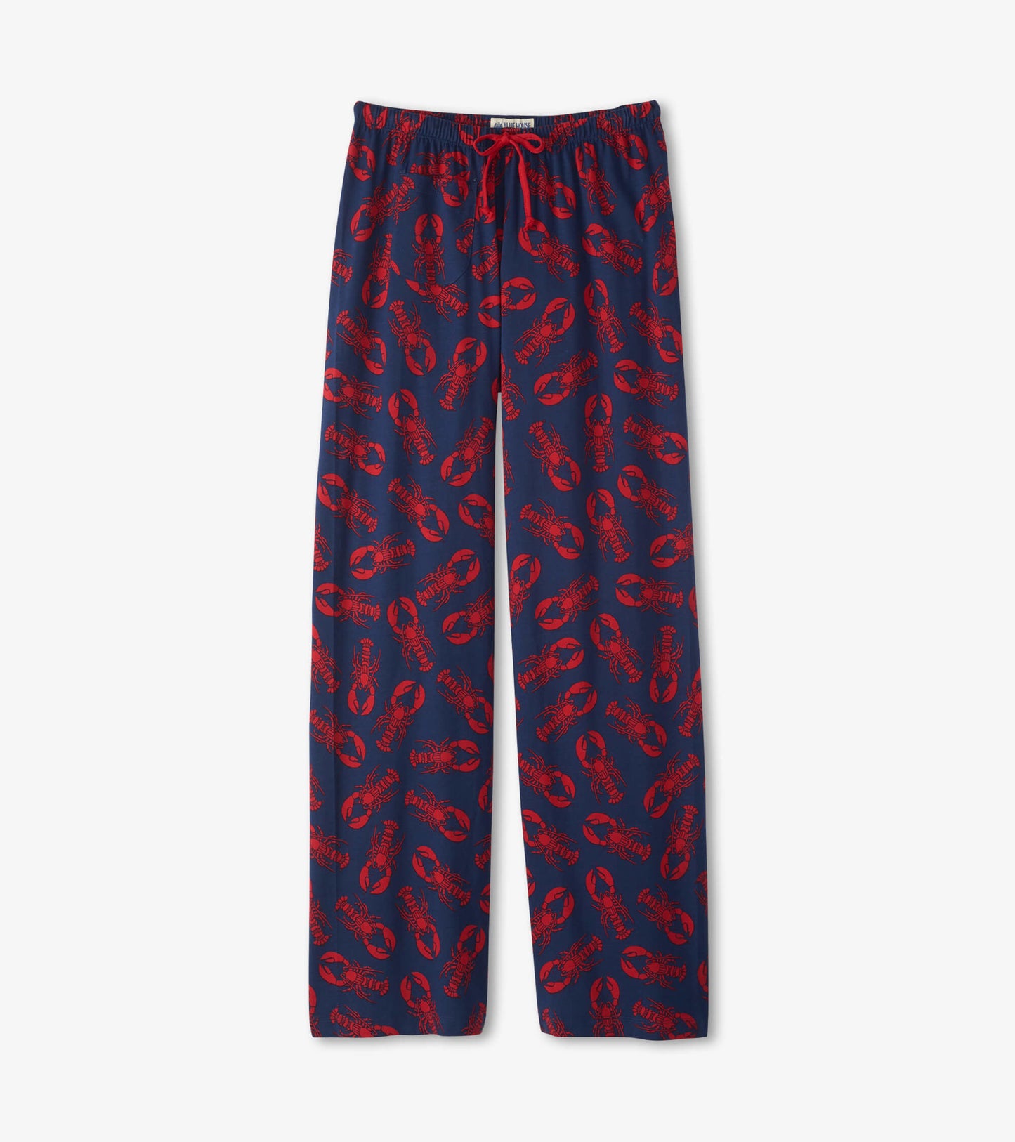 Navy cotton pajama pants featuring a red lobster pattern and an elastic waistband with a drawstring.