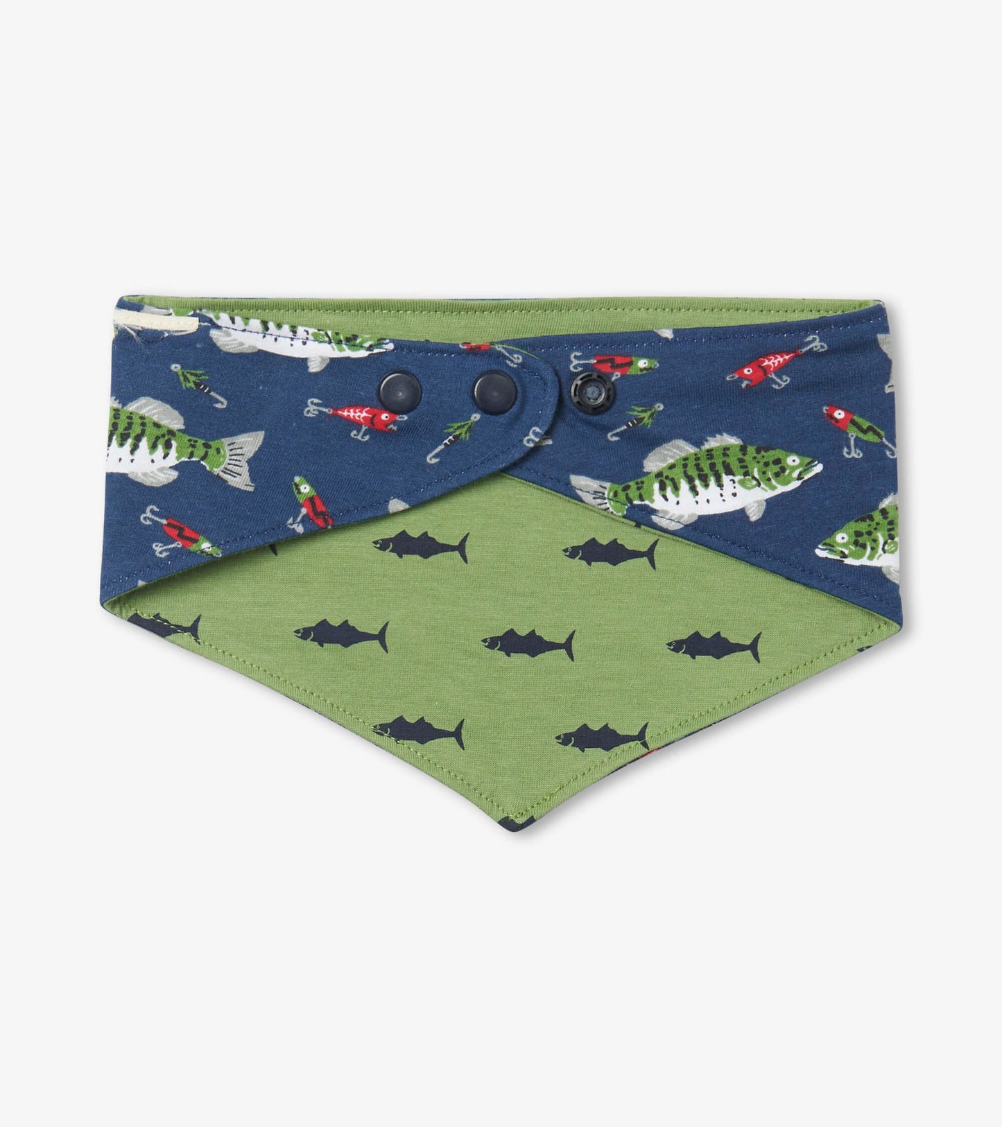 Reversible dog bandana featuring a blue side with fish patterns and a green side with small fish prints.