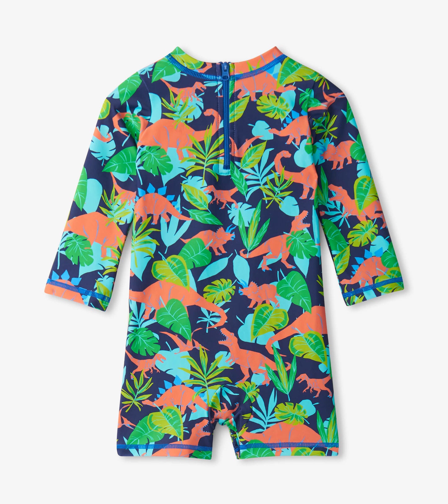 Navy one-piece rashguard featuring colorful dinosaur and leaf patterns, ideal for baby boys, with long sleeves and a back zi…