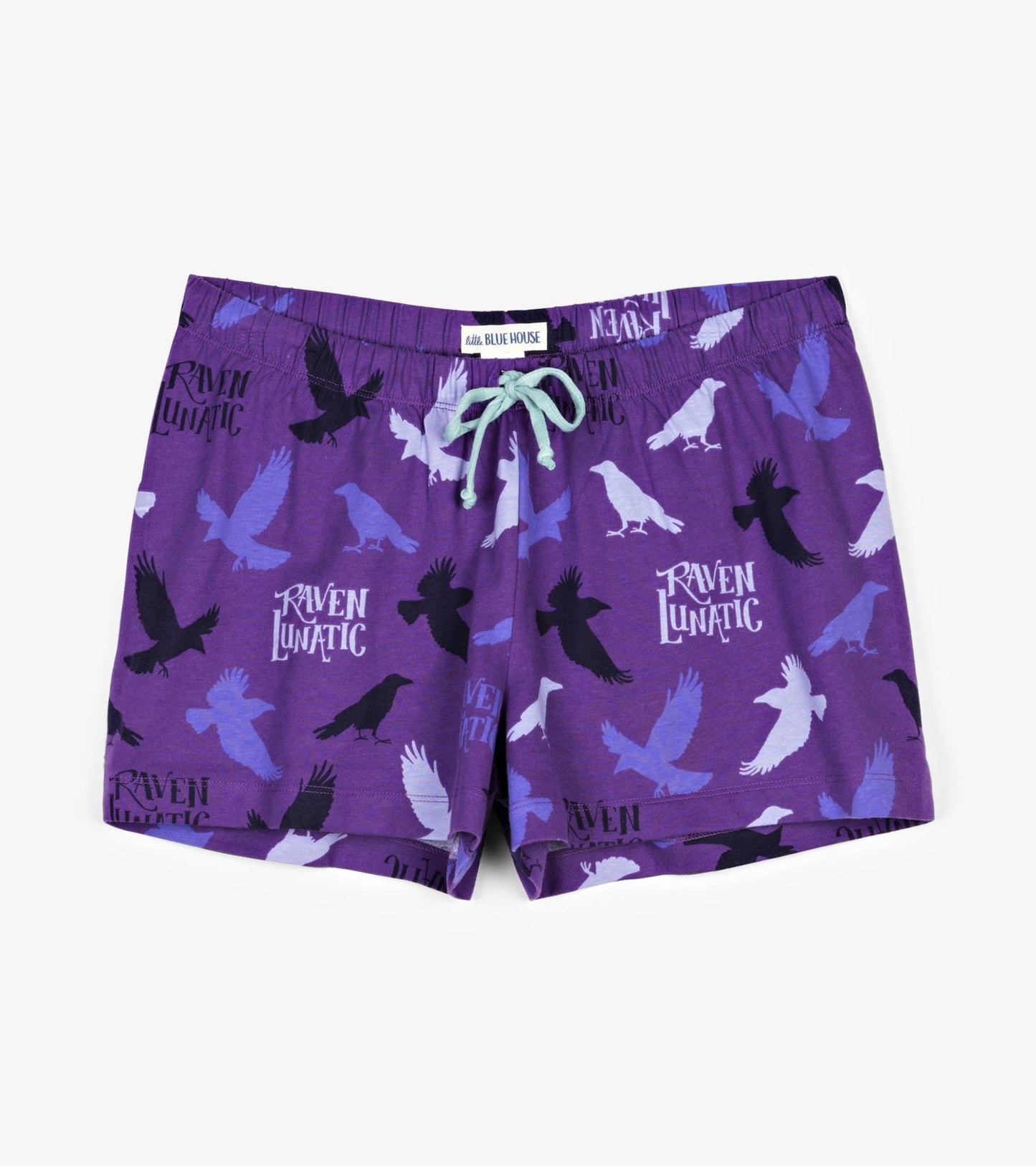 Purple cotton sleep shorts featuring a raven print and drawstring waist. Suitable for lounging or sleeping.