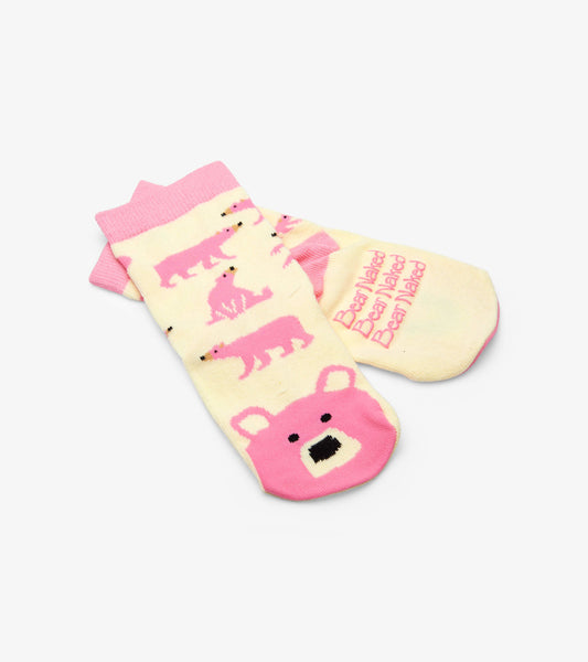 Pink and cream kids' socks featuring bear patterns and a bear face design on the toe. Suitable for ages 2-7.