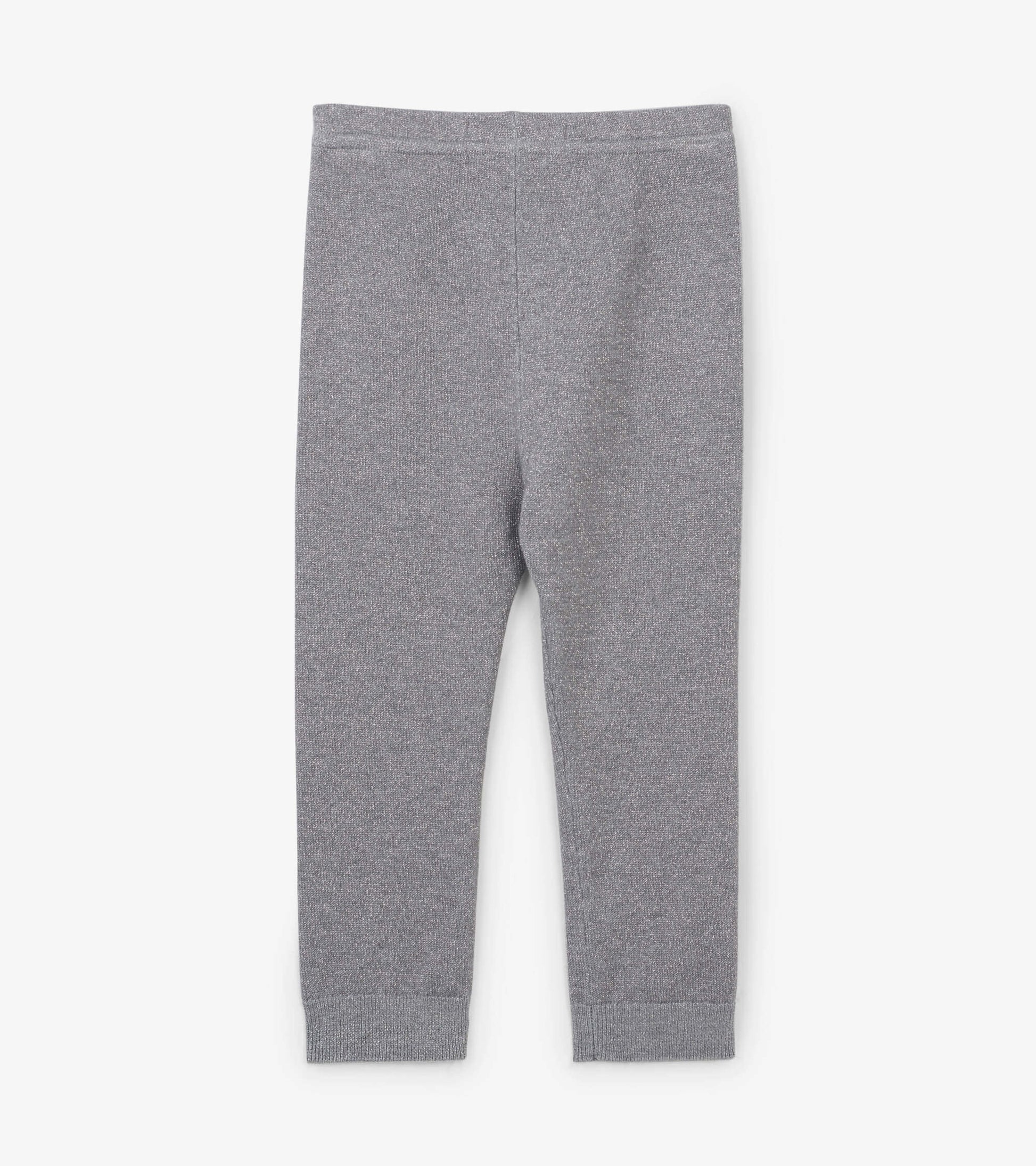 Gray cable knit leggings with silver glitter, featuring a snug fit and elastic waistband for infants.