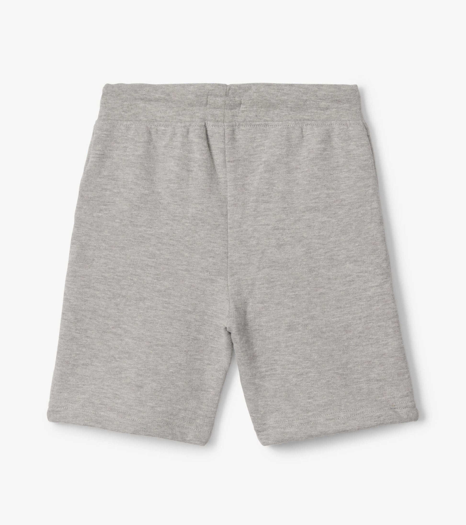 Grey terry shorts with an elastic waistband, designed for boys, shown from the back.