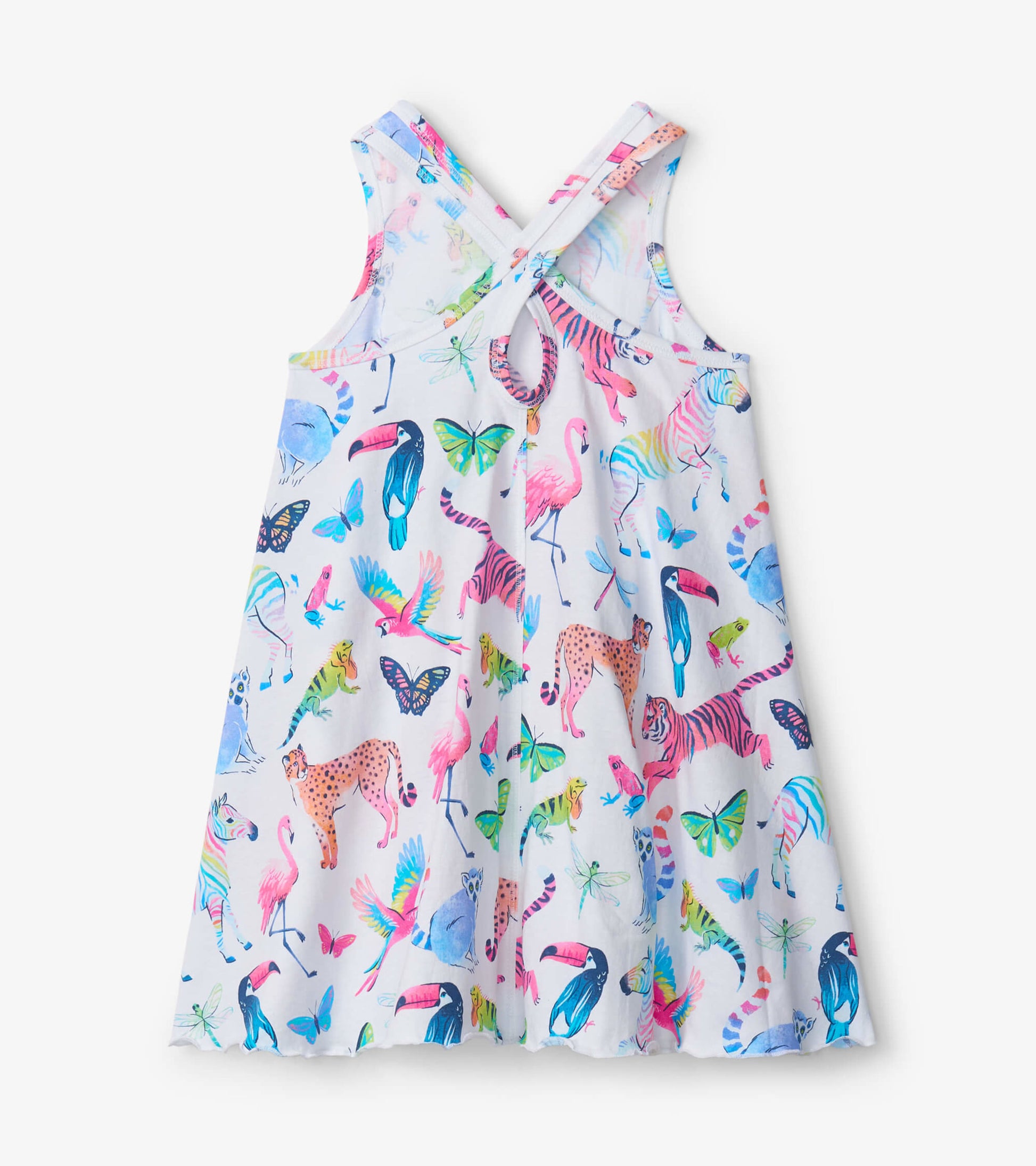 White trapeze dress featuring a vibrant watercolor jungle print with various animals and butterflies.