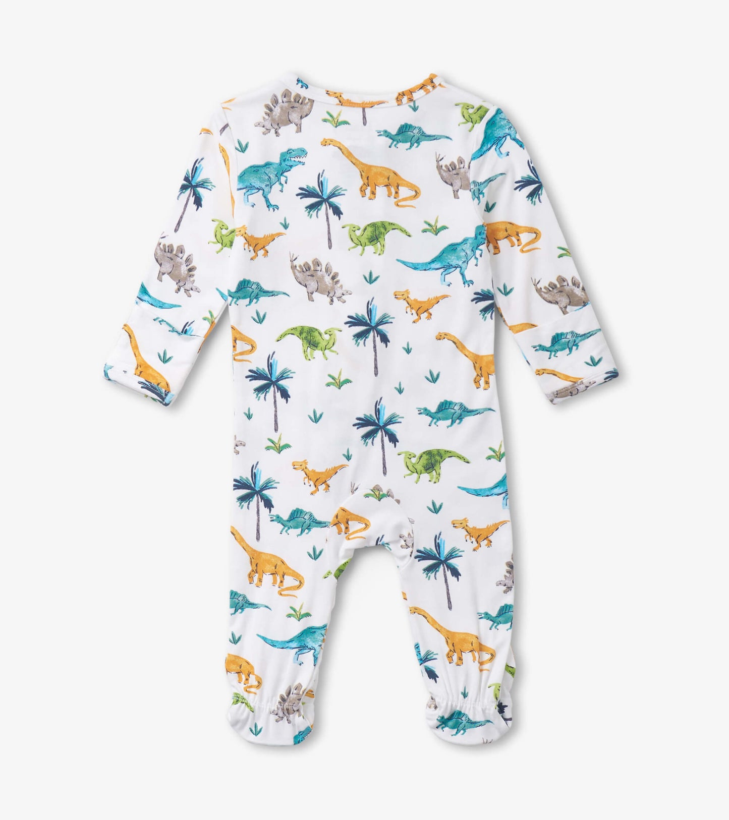 White footed sleeper featuring colorful dinosaur and palm tree prints, designed for baby boys.