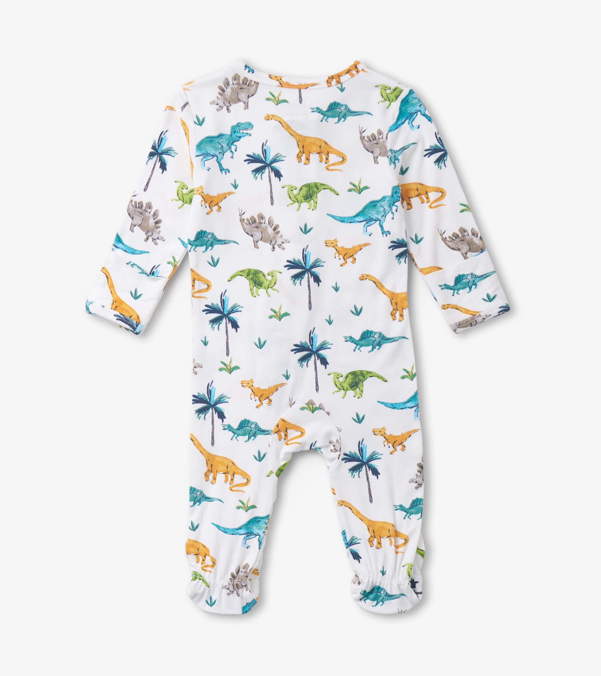 White footed sleeper featuring colorful dinosaur and palm tree prints, designed for baby boys.