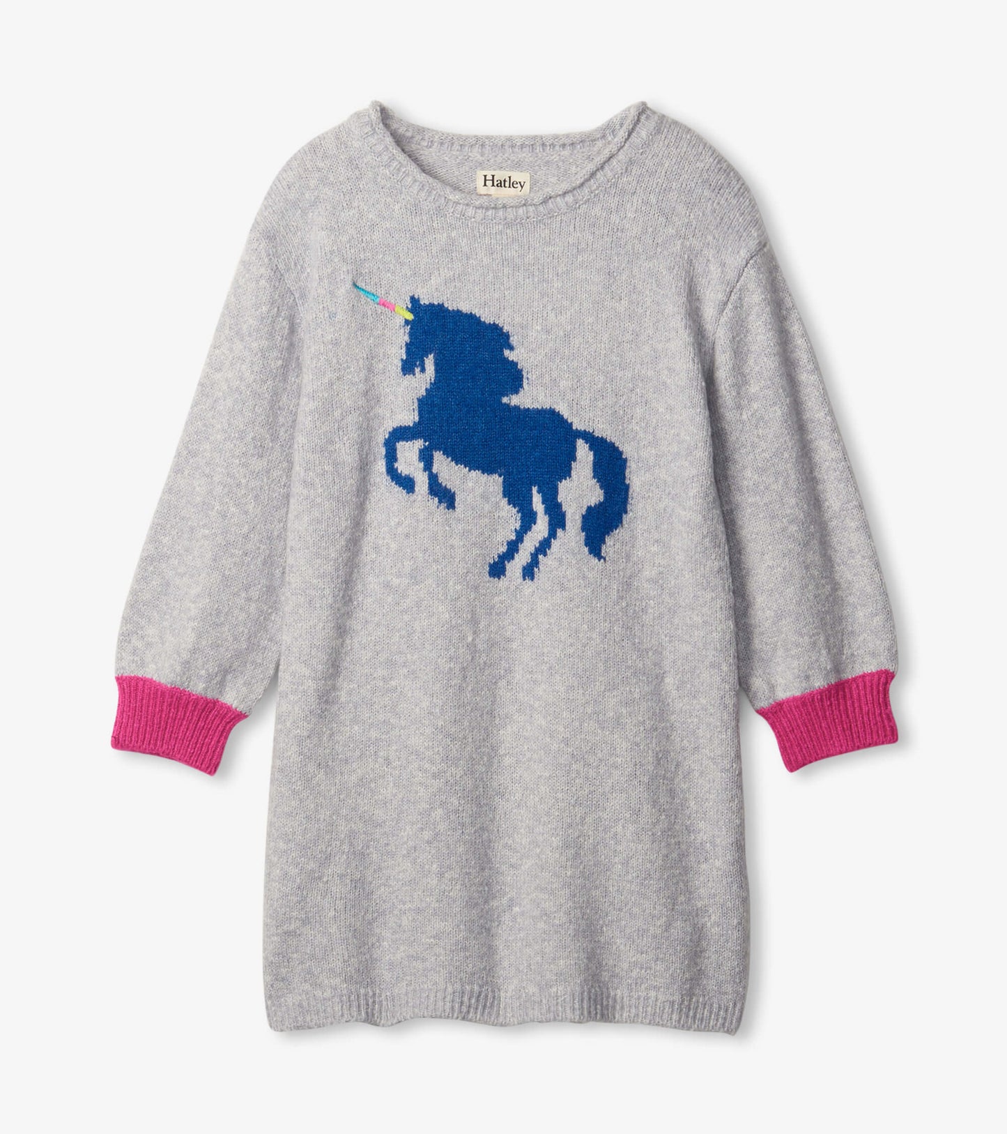 Gray sweater dress featuring a blue unicorn design and pink ribbed cuffs, suitable for girls.