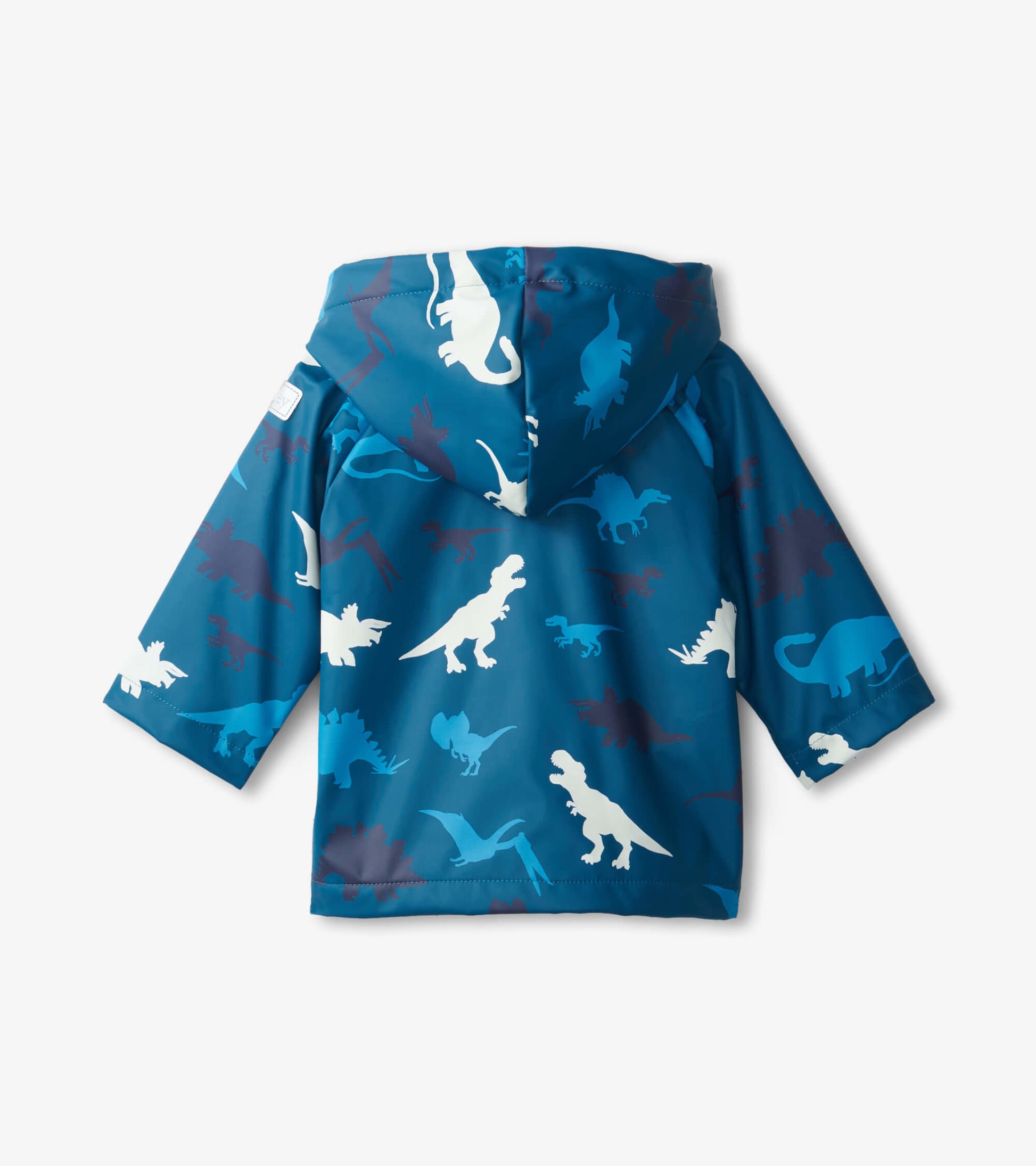 Blue raincoat with dinosaur patterns, featuring a hood and short sleeves, suitable for babies aged 9-24 months.