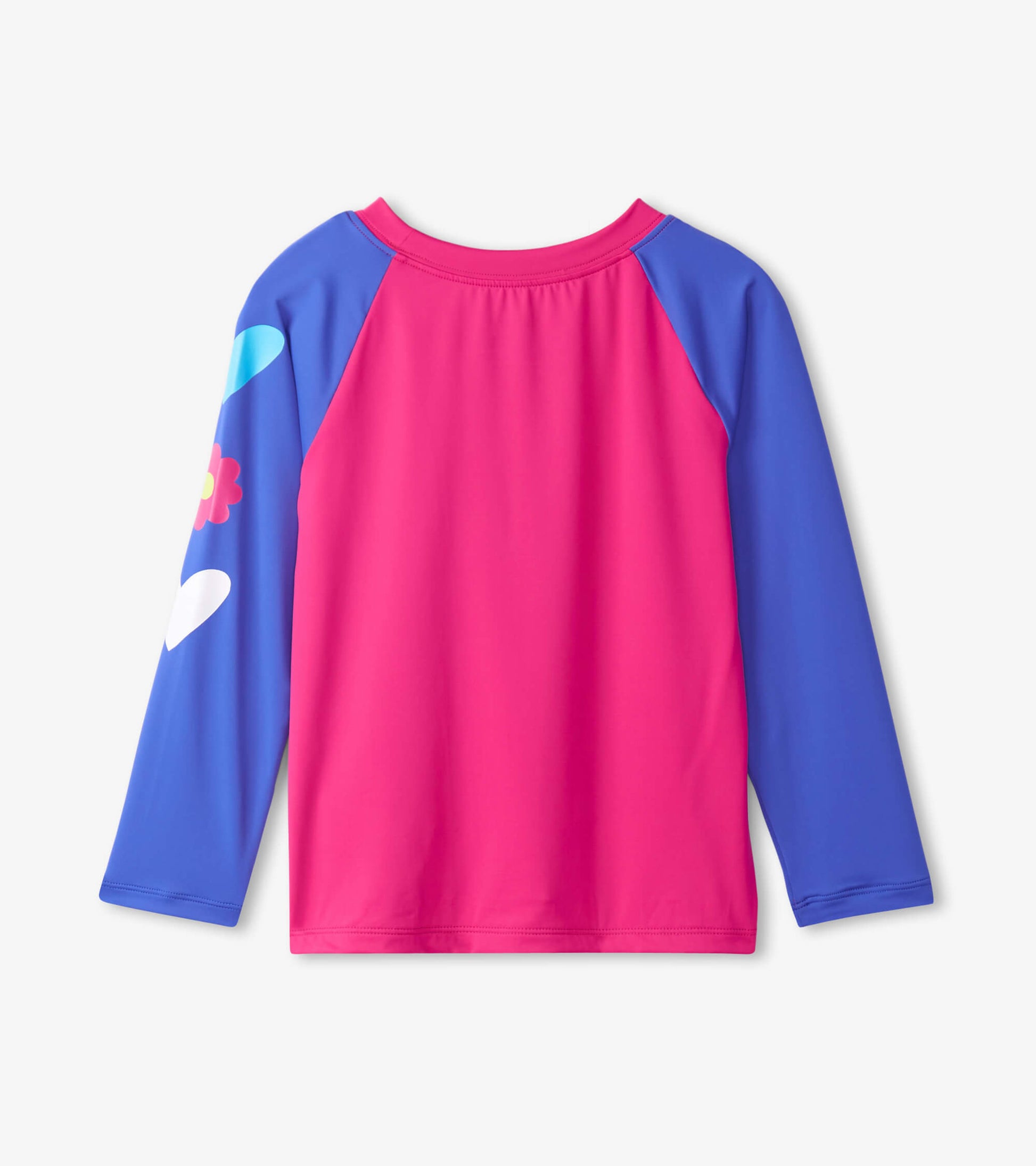 Fuschia purple long sleeve rashguard with blue sleeves and colorful floral patterns on the left arm.