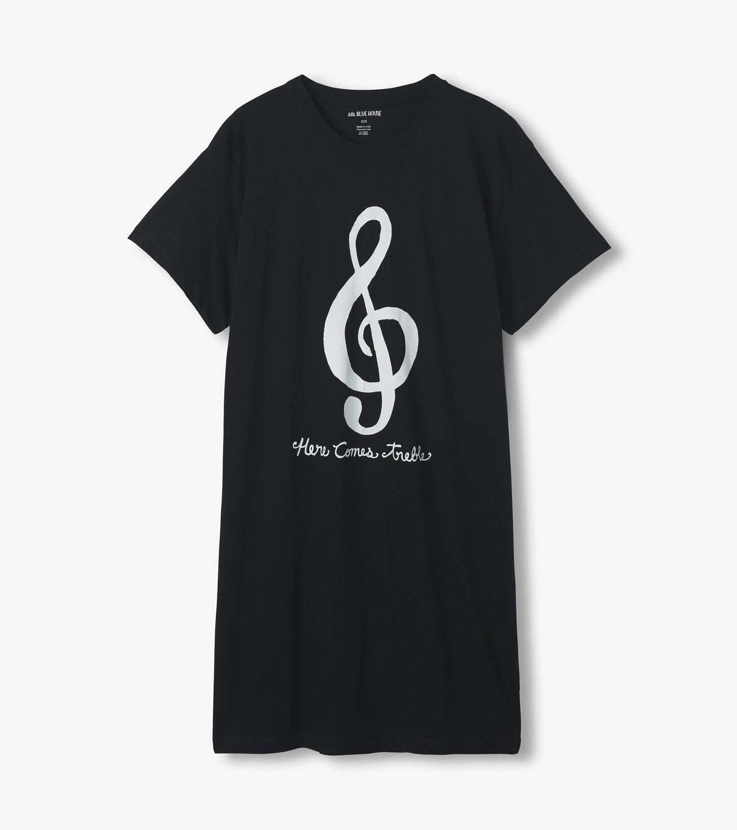 Black sleepshirt featuring a white treble clef design and text, made from soft material, with a relaxed fit.