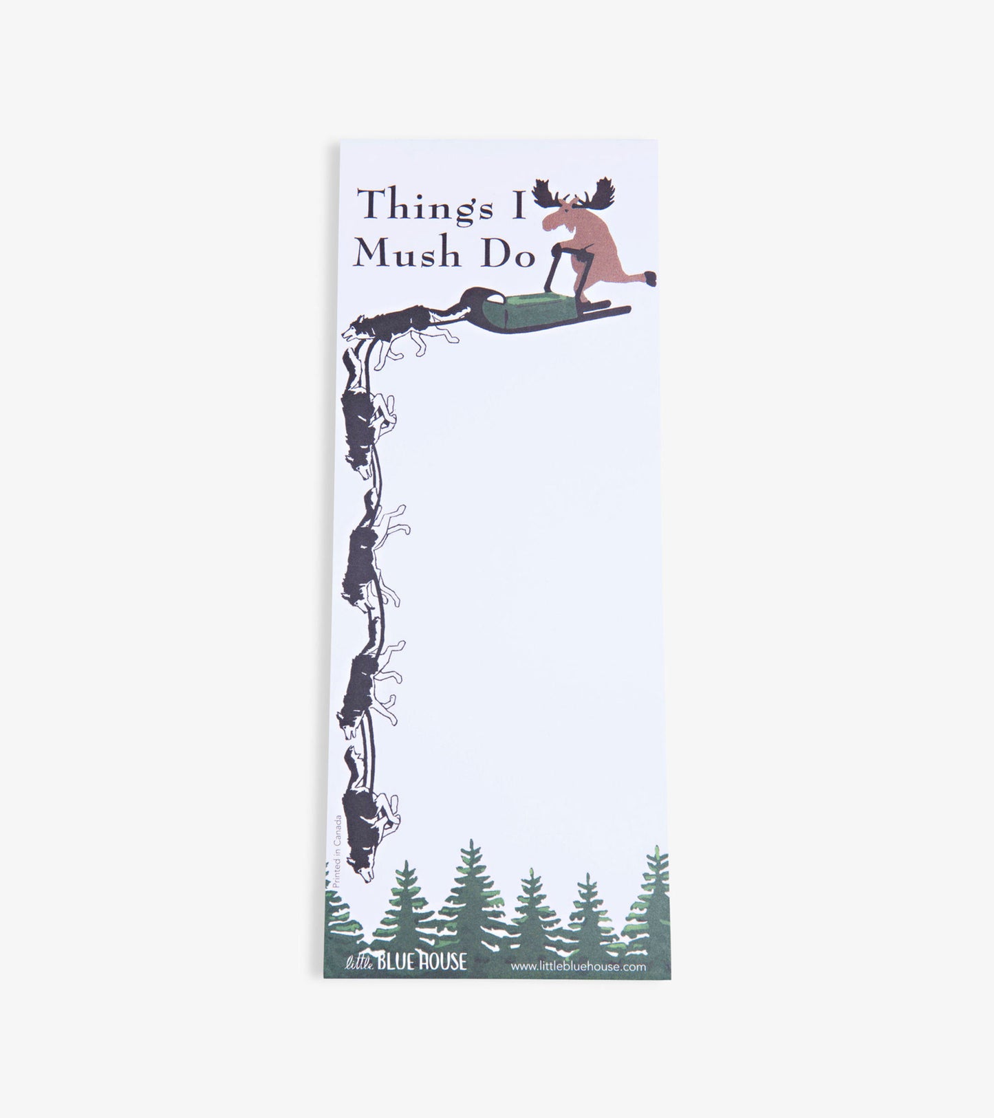 Magnetic notepad featuring a moose and sled design, with a forest silhouette at the bottom and space for notes.