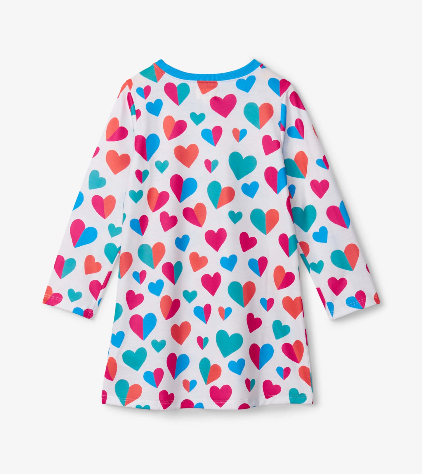 Long sleeve nightdress featuring a colorful heart pattern on a white background, with a round neckline.