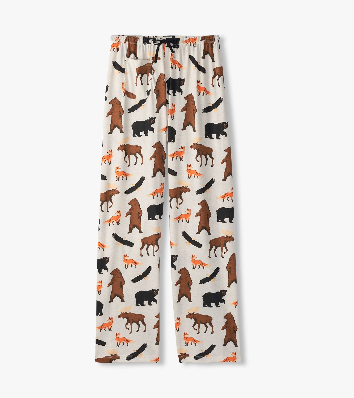 Cotton blend pajama pants featuring a wildlife pattern with bears, foxes, and moose on a light background.