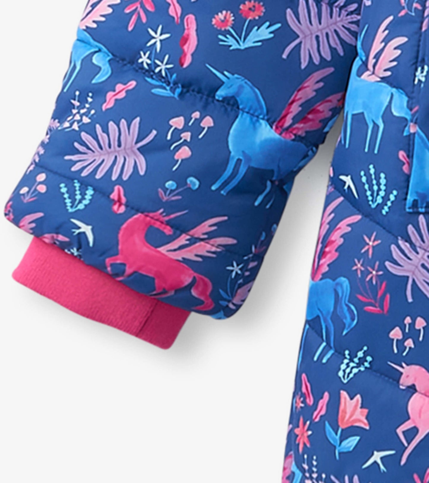 Blue puffer jacket featuring colorful unicorn and floral patterns, with pink cuffs for kids.