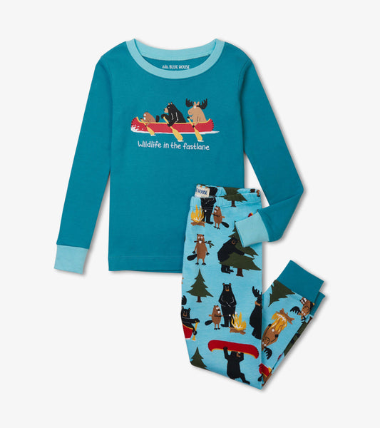 Teal long-sleeve pajama top with animal graphic, paired with light blue pants featuring a wildlife print.