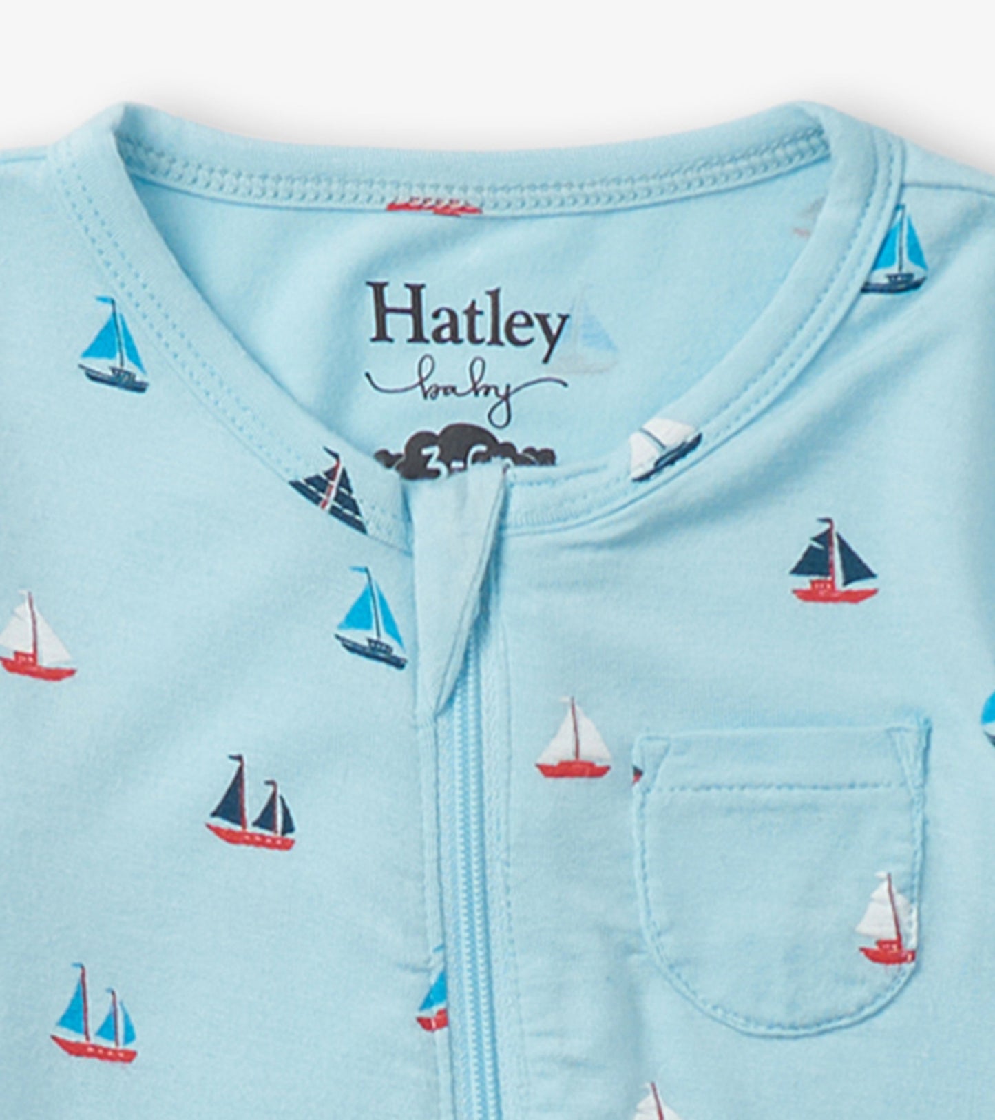 Light blue footed sleeper featuring a sailboat pattern and a front zipper, suitable for baby boys.