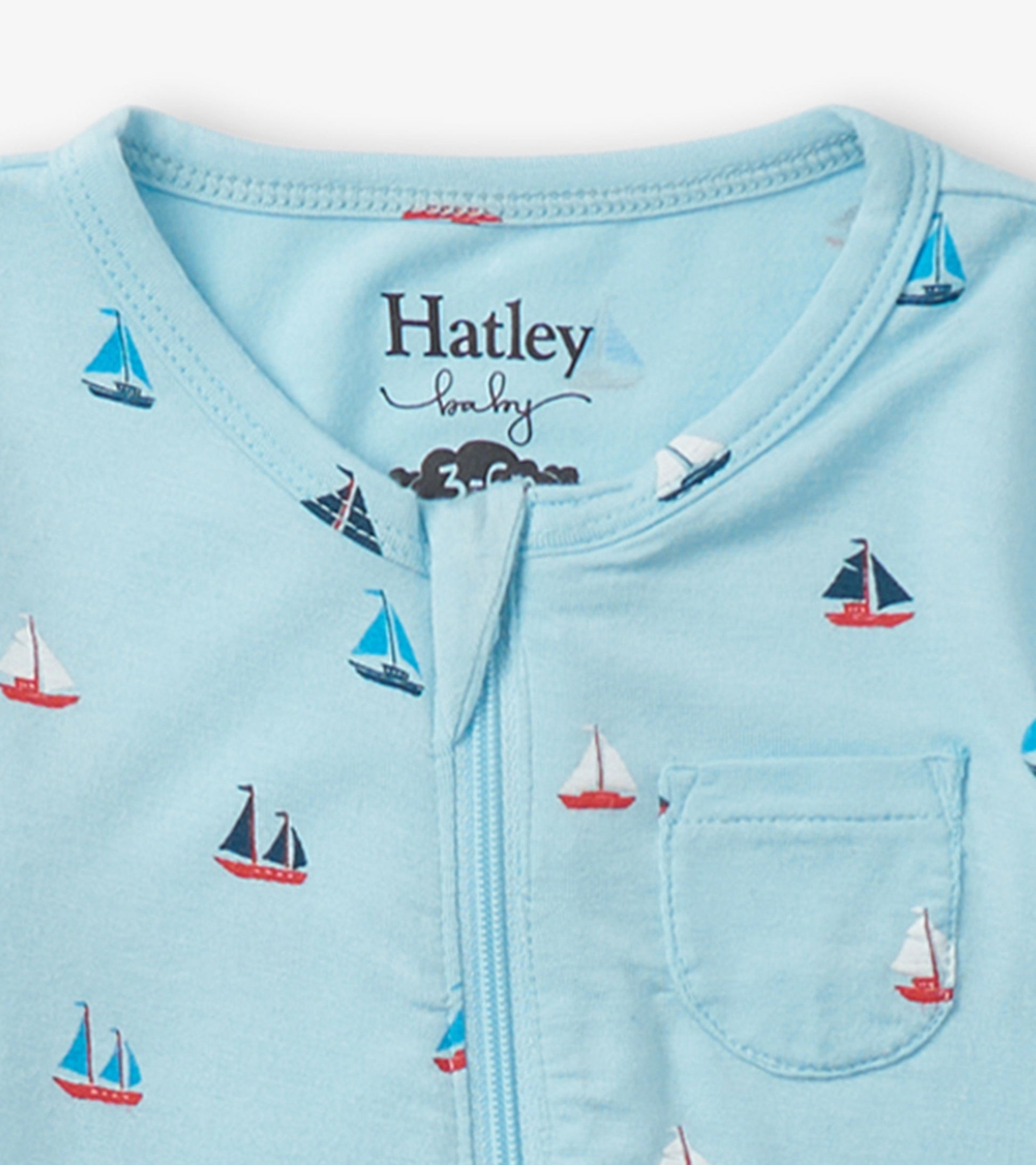 Light blue footed sleeper featuring a sailboat pattern and a front zipper, suitable for baby boys.