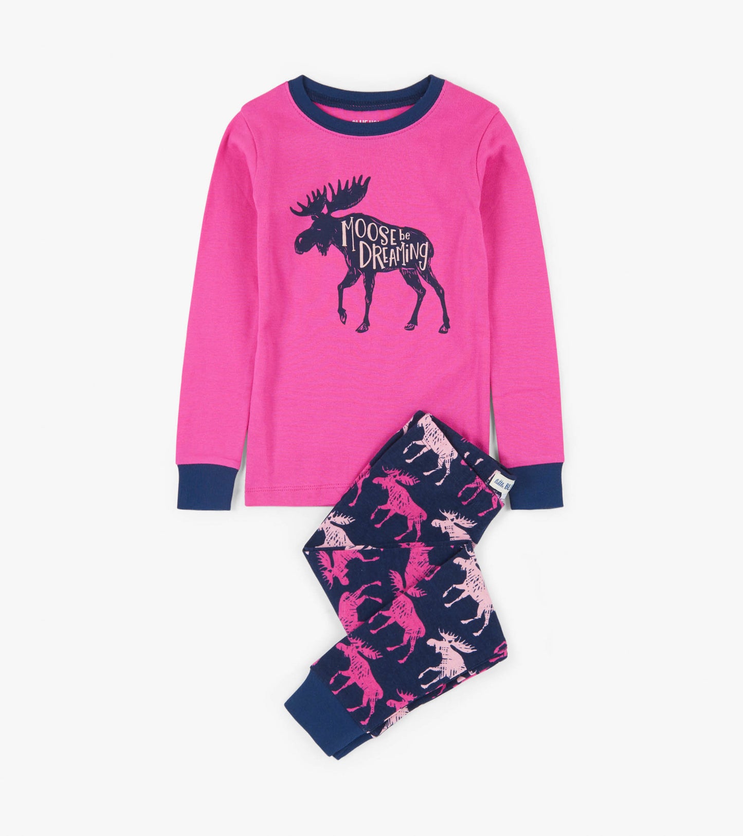 Pink long-sleeve top with moose graphic and navy pants featuring moose print, suitable for kids' sleepwear.