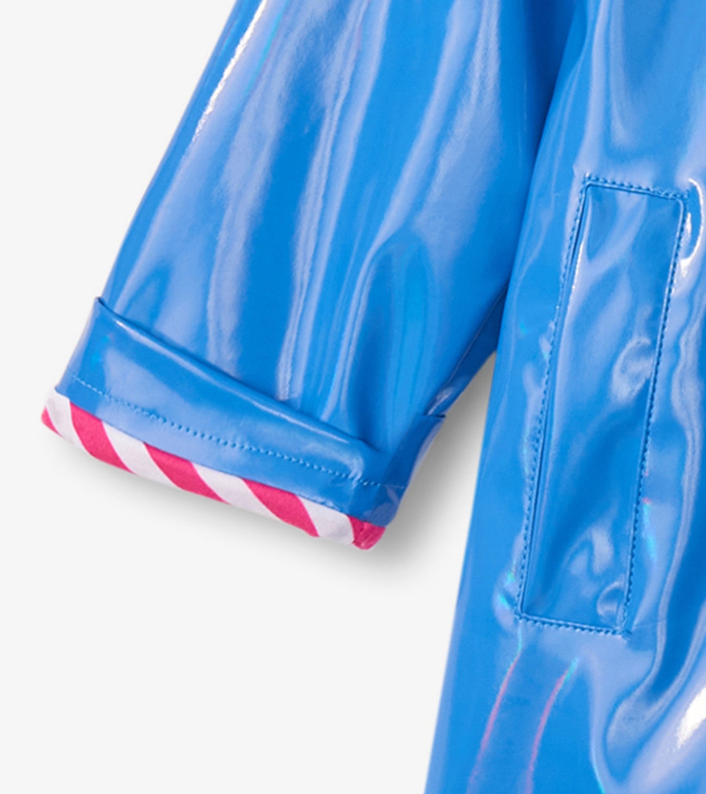 Shiny blue swing jacket with glitter, featuring striped pink and white cuffs. Suitable for girls.