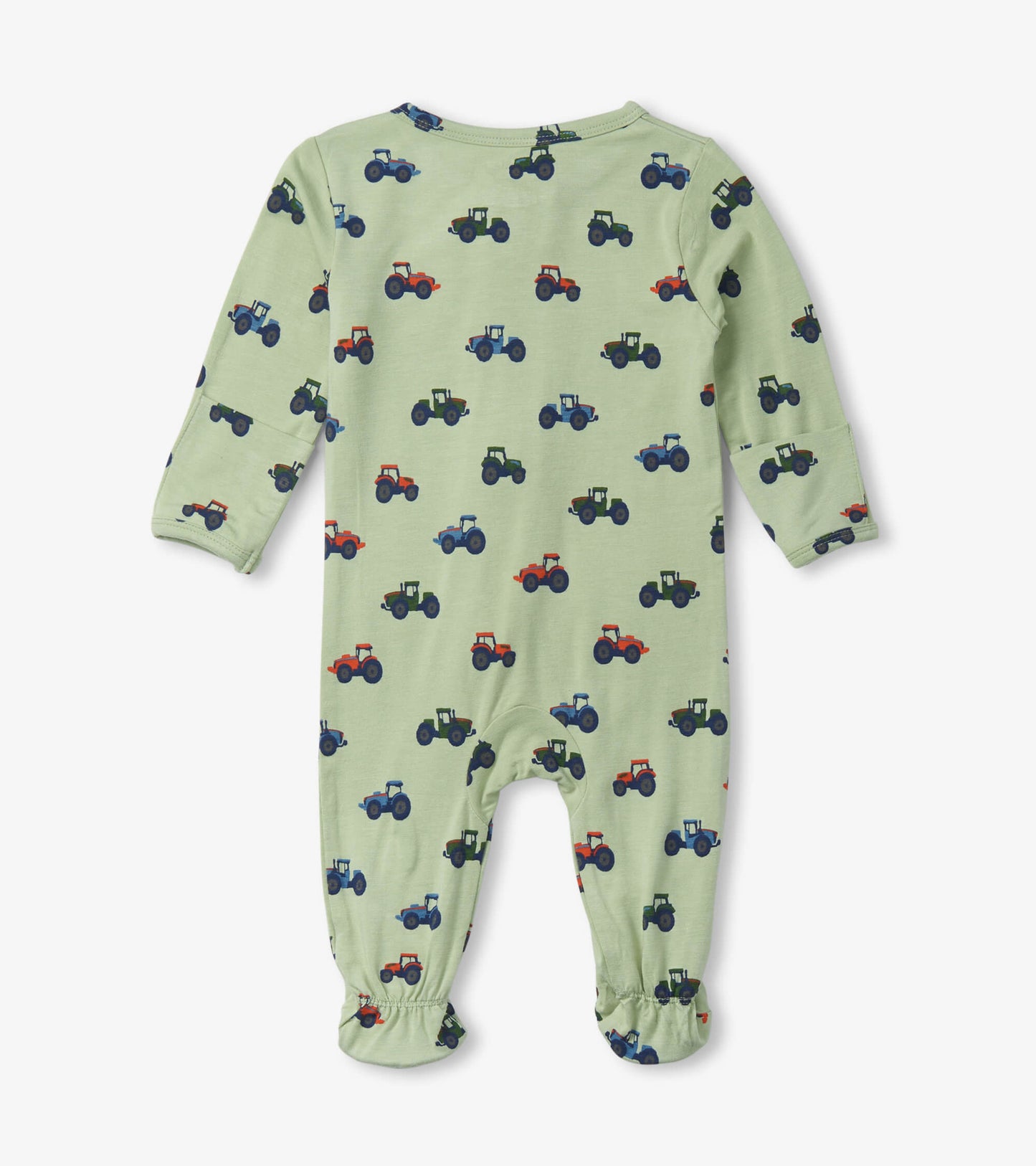 Green zip-up footed sleeper for newborns, featuring a playful tractor pattern in red, blue, and green.