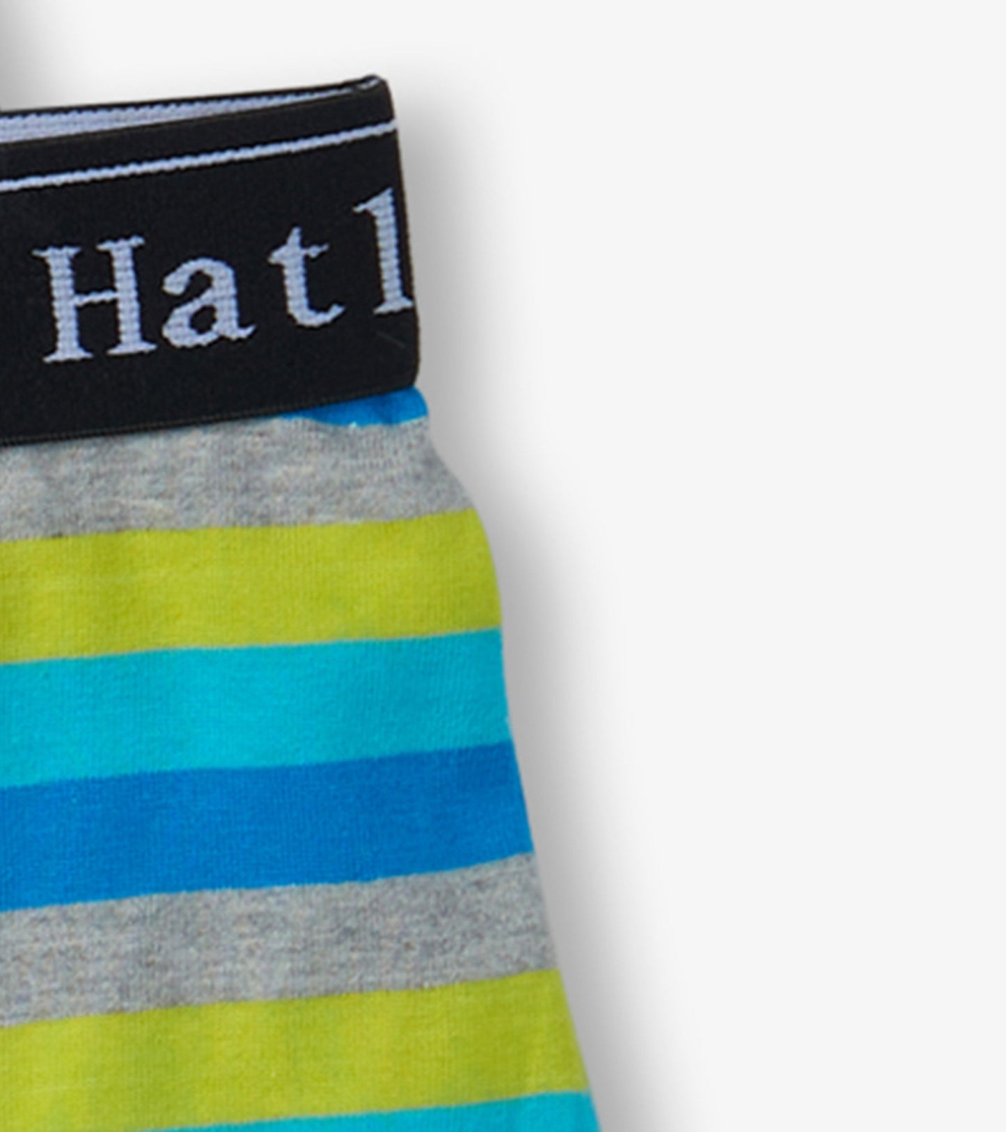 Striped boxer briefs in blue, green, and gray with a black waistband, ideal for boys aged 2 to 12.