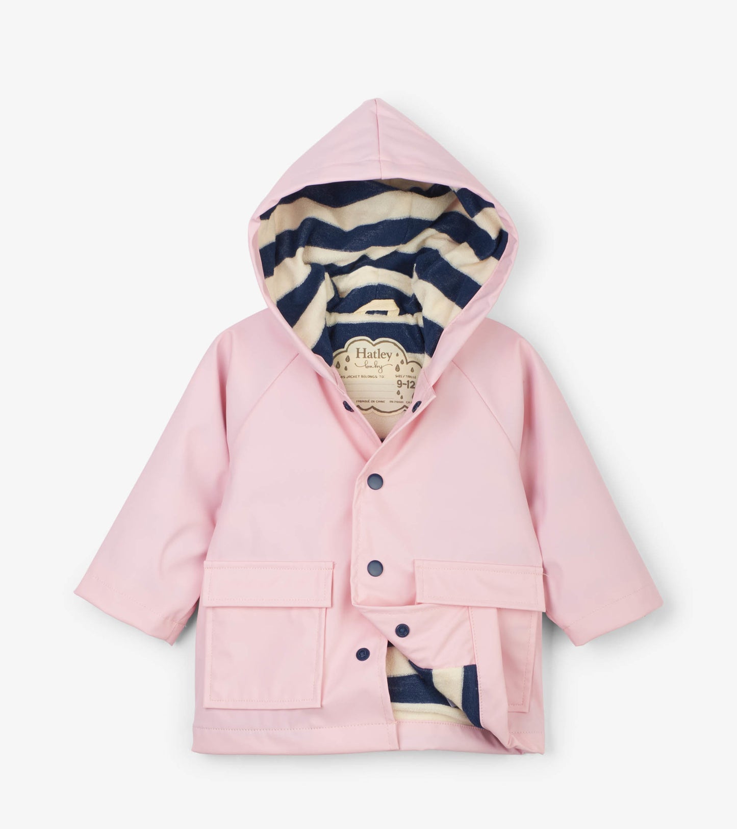 Light pink baby raincoat with a hood, featuring a striped lining and front pockets. Suitable for ages 9-12 months.