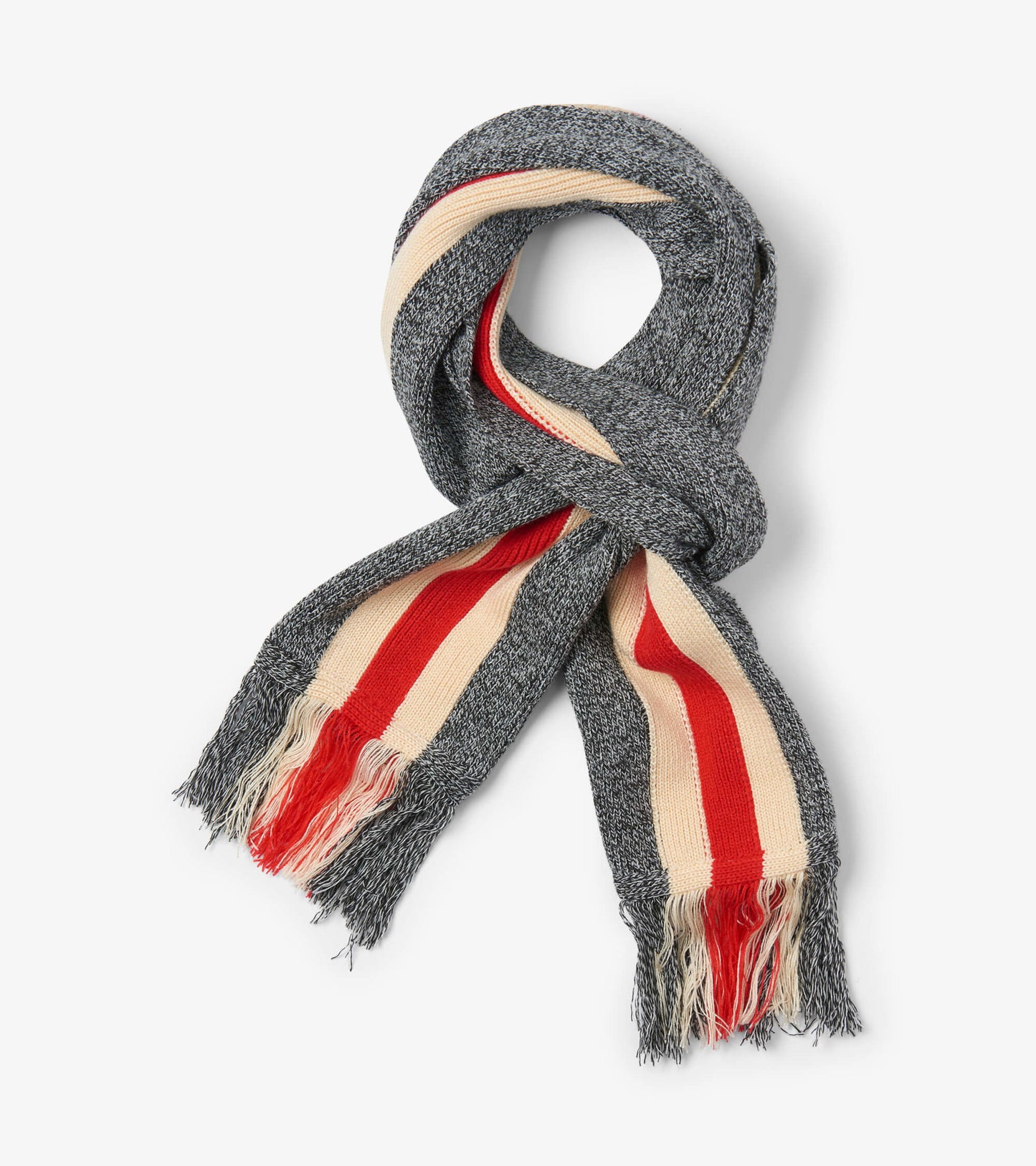 Gray scarf with red and cream stripes, featuring fringed ends, styled in a loop.