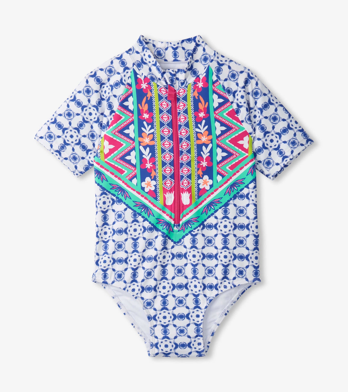 Short-sleeve one-piece rashguard in blue with colorful floral and geometric patterns, featuring a front zipper.