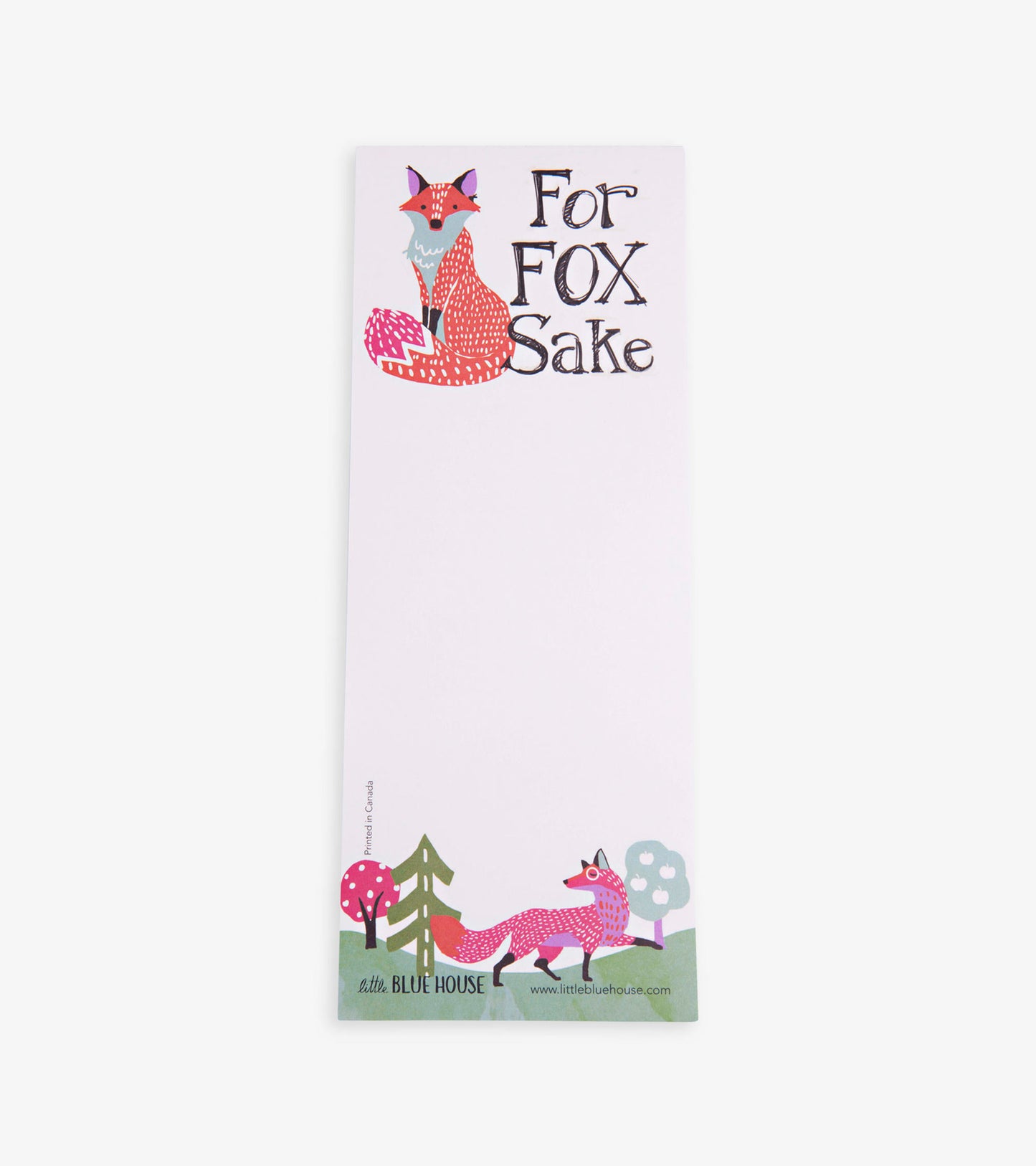 Magnetic notepad featuring a colorful fox illustration and whimsical trees, ideal for notes and reminders.