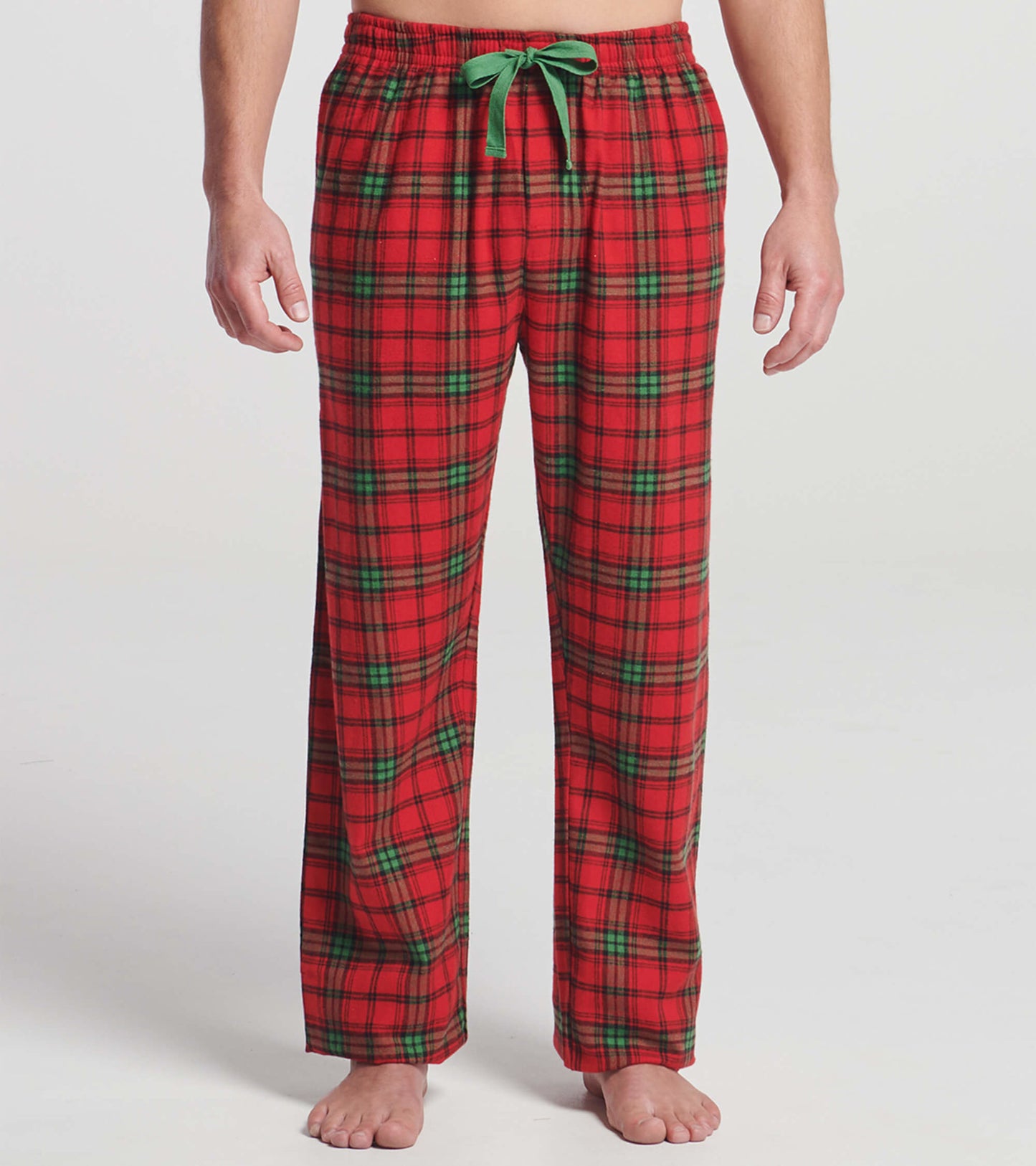 Red flannel pajama pants featuring a classic plaid pattern with green accents and an elastic waistband with a drawstring.