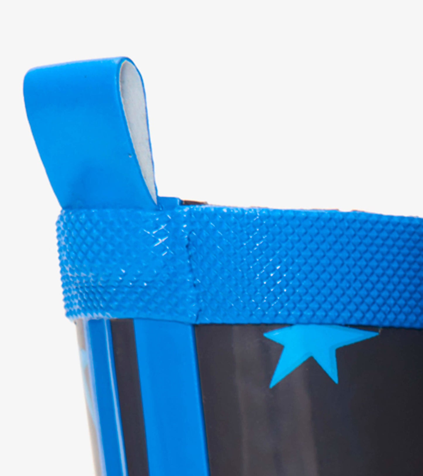 Blue shiny kids' rain boots with a black base and star pattern, featuring a textured blue top and pull tab.
