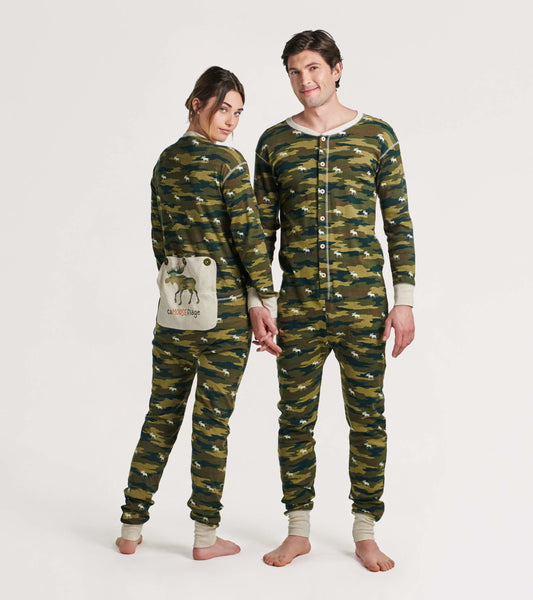 Camo-patterned adult onesie in green tones, featuring a button front and a moose graphic on the back pocket.