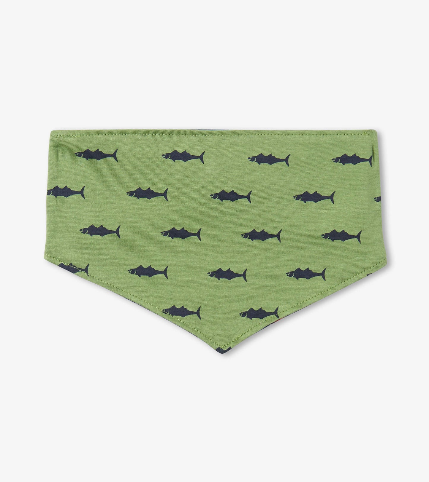Green reversible dog bandana featuring a pattern of navy fish, suitable for pets.