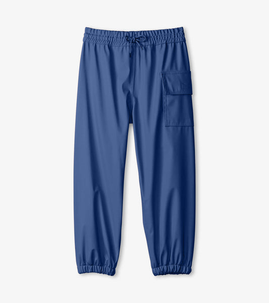 Navy blue kids' rain pants with an elastic waistband and side pocket, designed for outdoor play in wet weather.