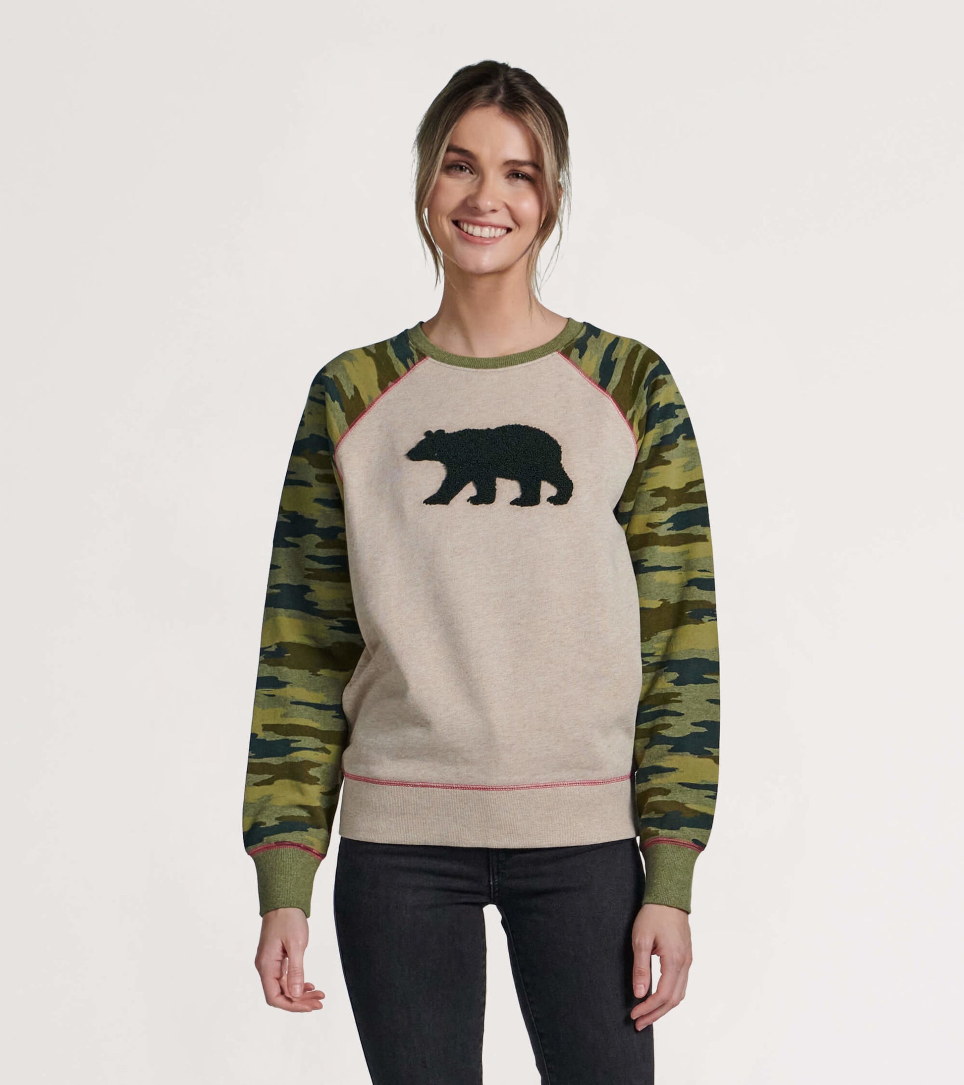 Camo-patterned pullover hoodie with a bear graphic, featuring green sleeves and a beige body.