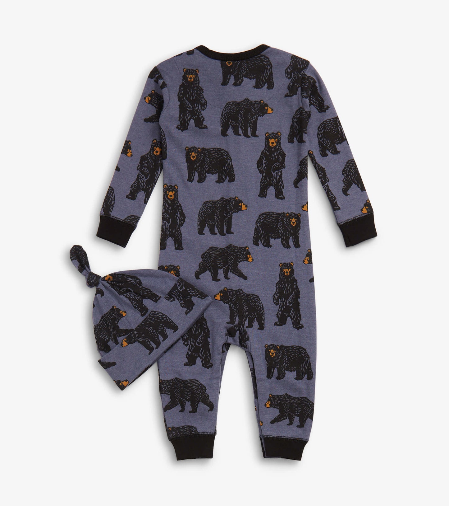Baby sleeper and hat set in blue with black bear print, featuring long sleeves and a knotted hat.