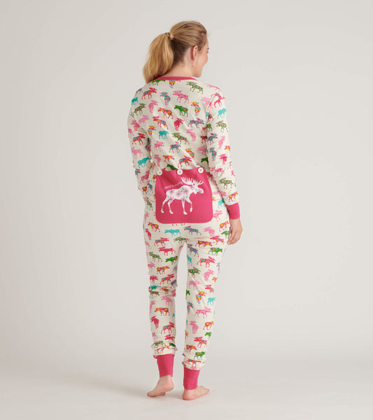 Adult onesie featuring a colorful moose pattern on a cream background, with pink cuffs and a moose graphic on the back.