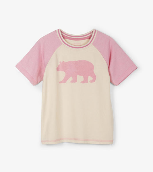 Light cream tee with pink raglan sleeves and a bear silhouette graphic on the front.