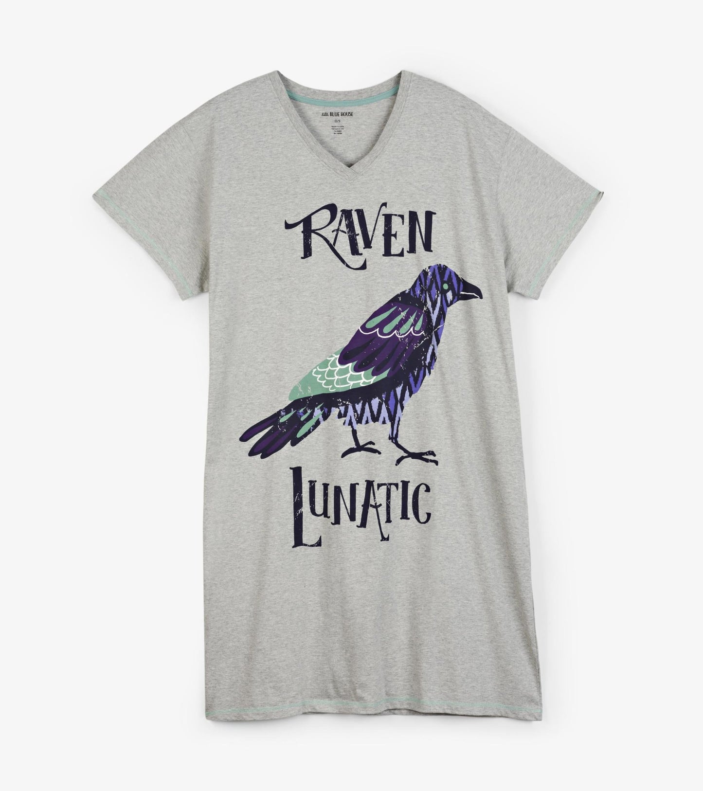 Gray sleepshirt featuring a raven graphic and the text "RAVEN LUNATIC" in bold lettering, with a V-neck design.