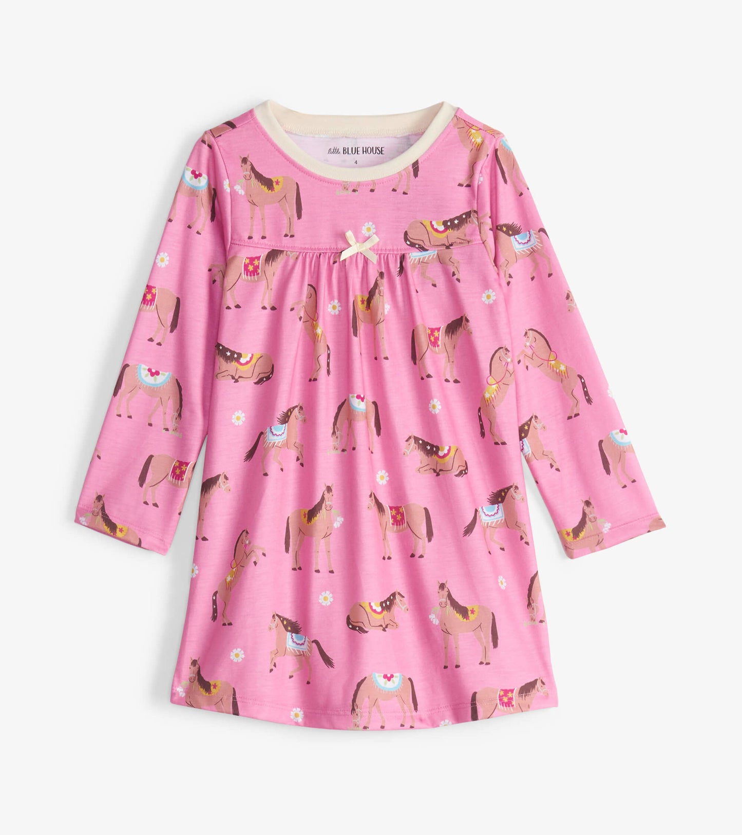 Pink long-sleeve nightdress featuring a playful horse pattern and a small bow detail at the neckline.