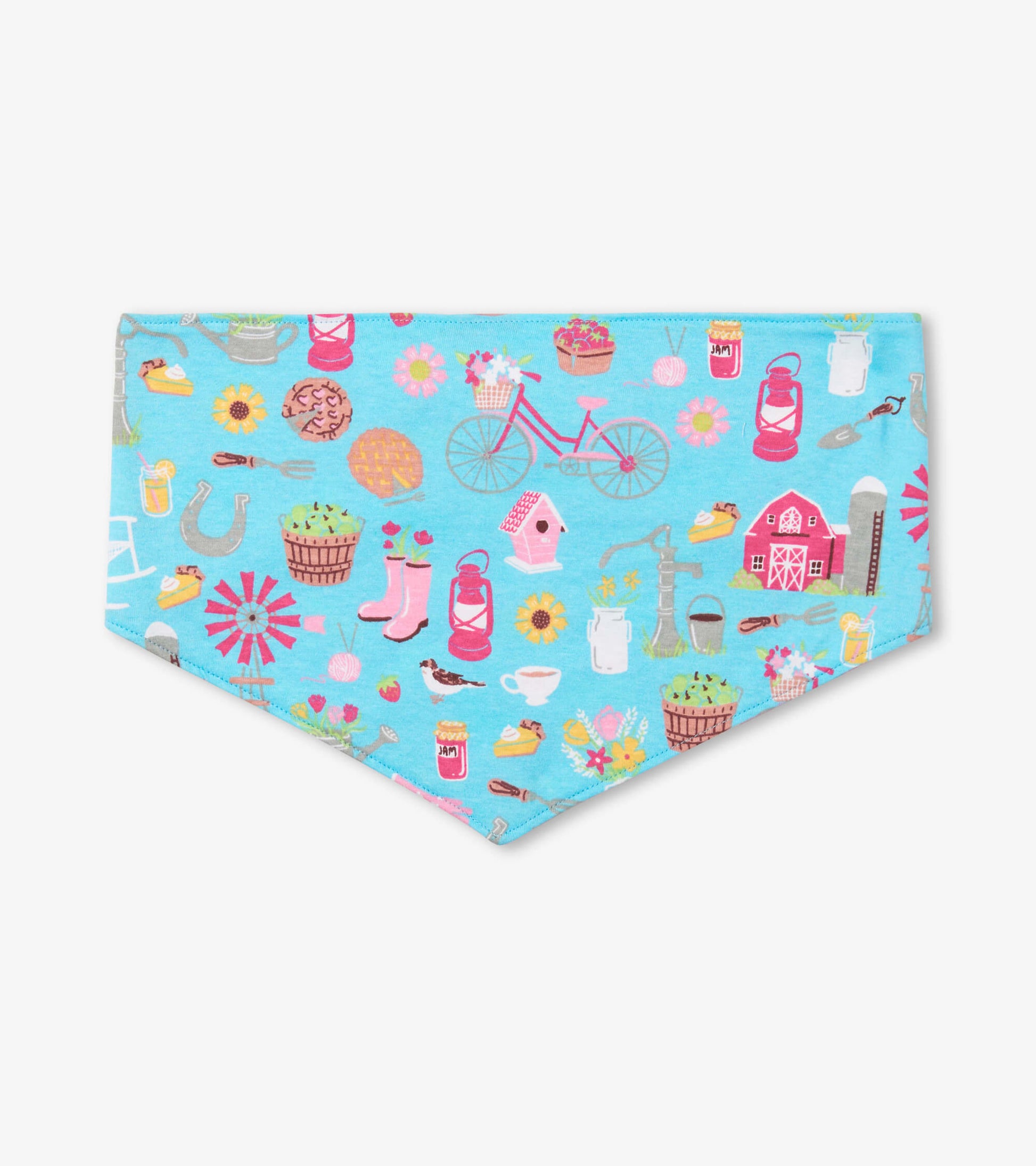 Reversible dog bandana in light blue featuring colorful country-themed patterns like bicycles, flowers, and farm items.