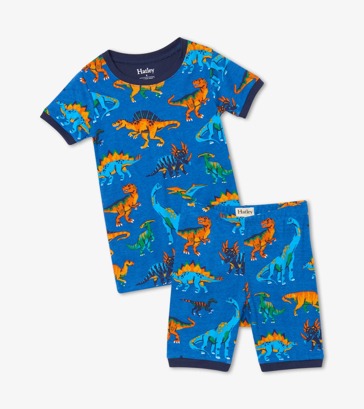 Blue organic cotton short pajama set featuring colorful dinosaur prints, includes a short-sleeve top and matching shorts.
