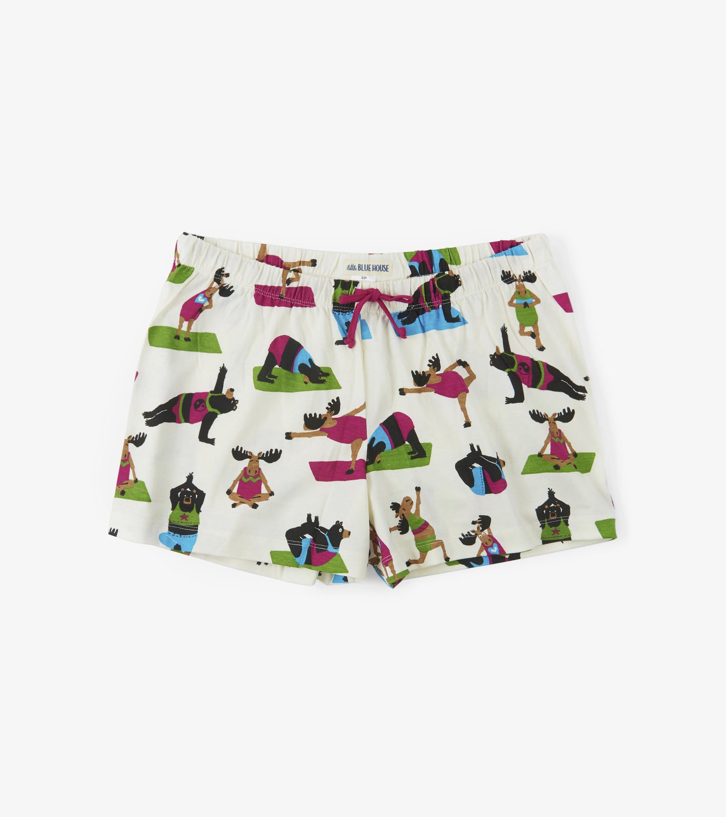 Cotton sleep shorts featuring a playful yoga bear print in vibrant colors on a cream background.