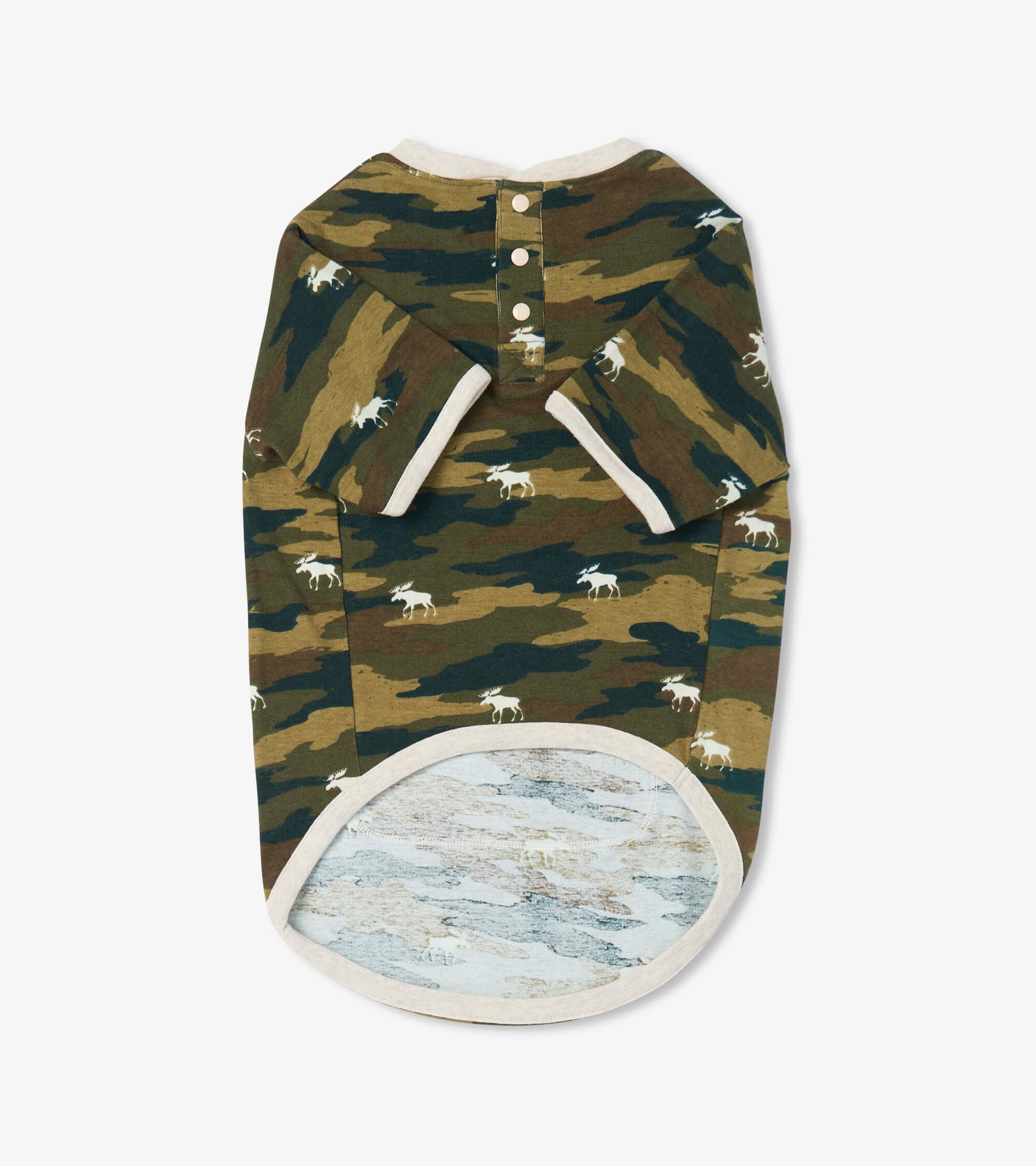 Camo-patterned dog tee in earthy tones with white moose silhouettes and a rounded hem, featuring a buttoned back.