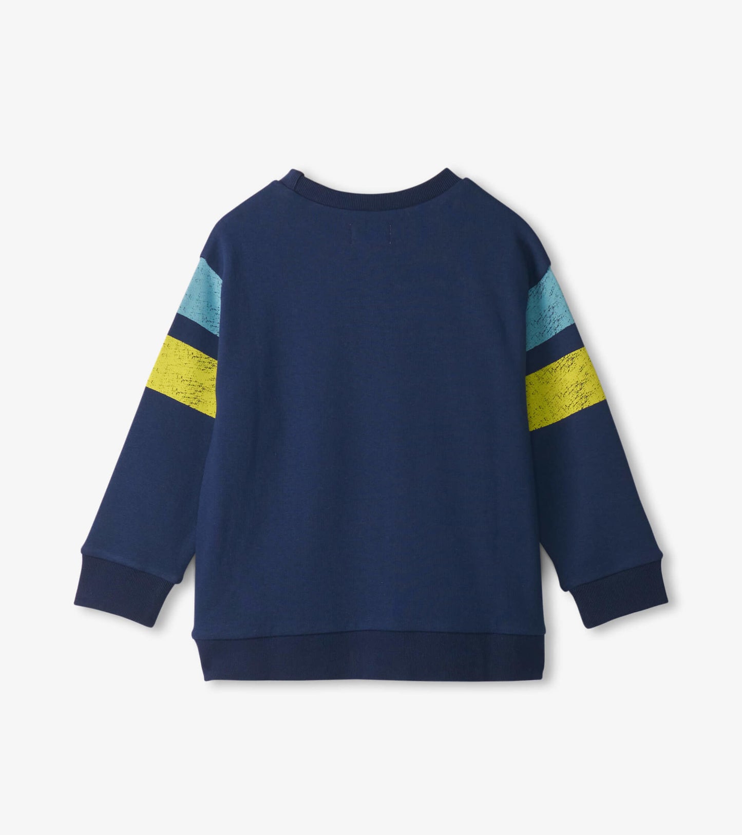 Navy pullover sweatshirt featuring colorful stripes in blue and yellow on the sleeves, designed for boys.