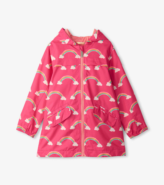 Pink lightweight rain jacket featuring rainbow and cloud patterns, with a zip-up front and two front pockets.