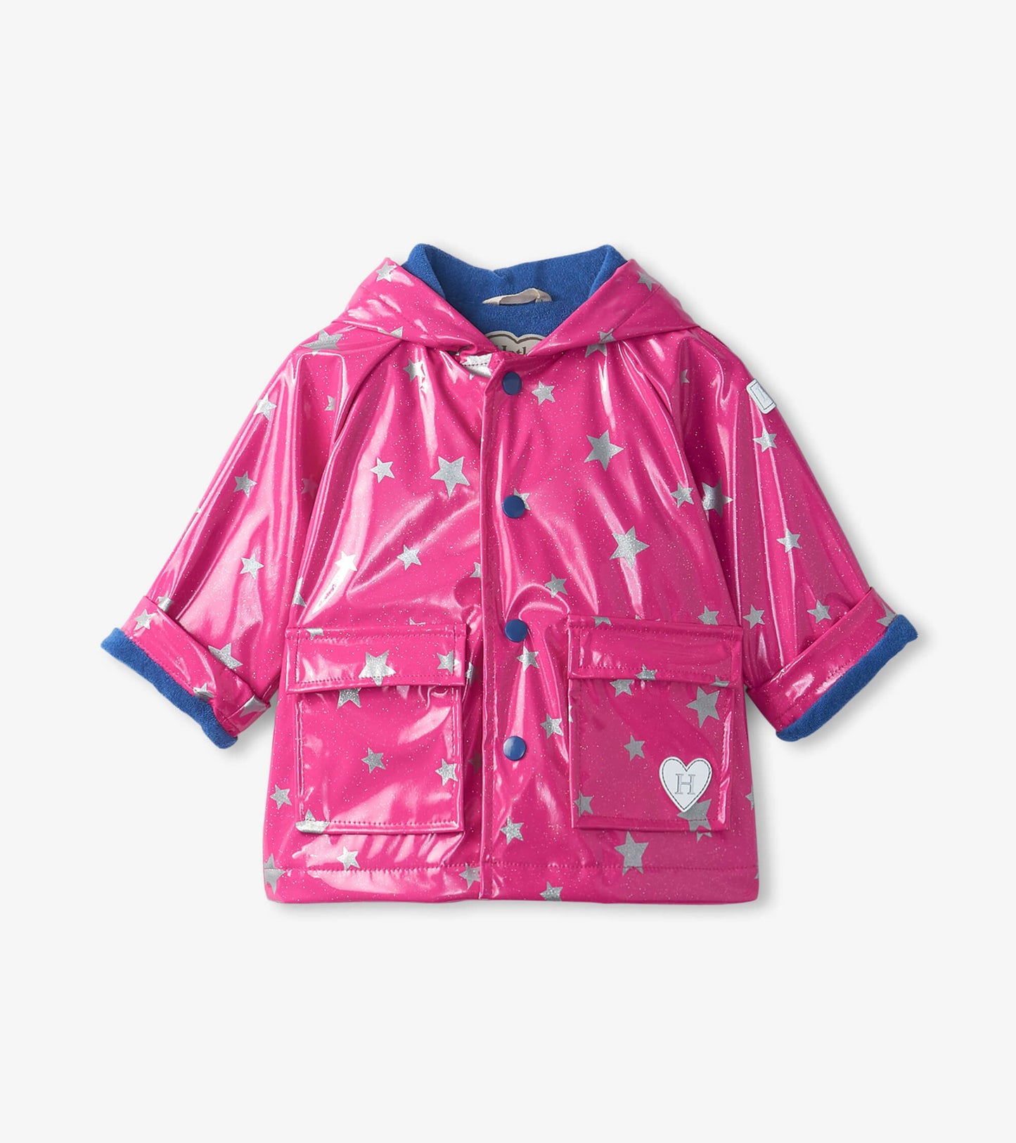 Pink glittery raincoat with silver stars, hood, and blue trim; features two front pockets and button closure.