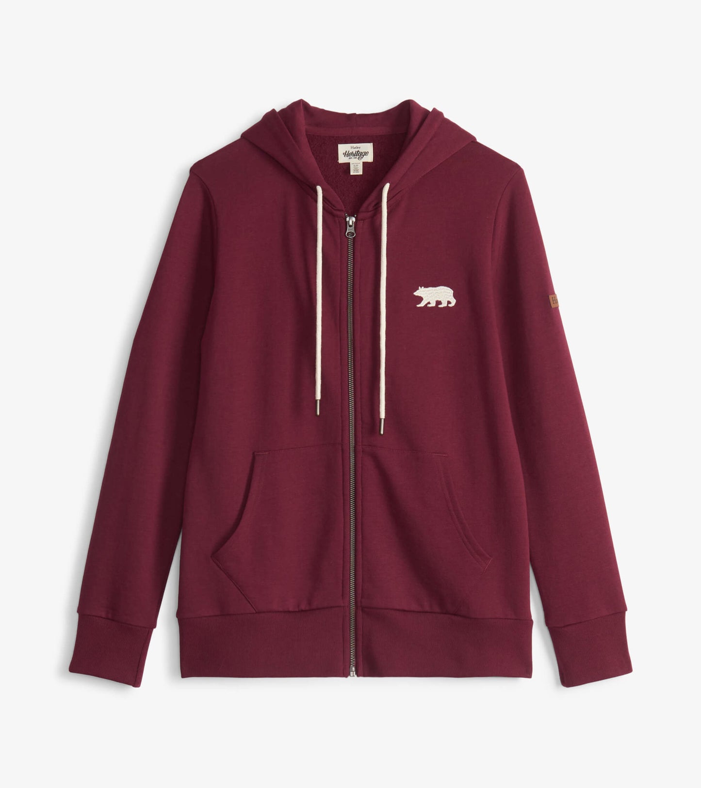 Maroon full zip hoodie with a bear graphic, drawstring hood, and front pockets. Soft fabric, casual style.
