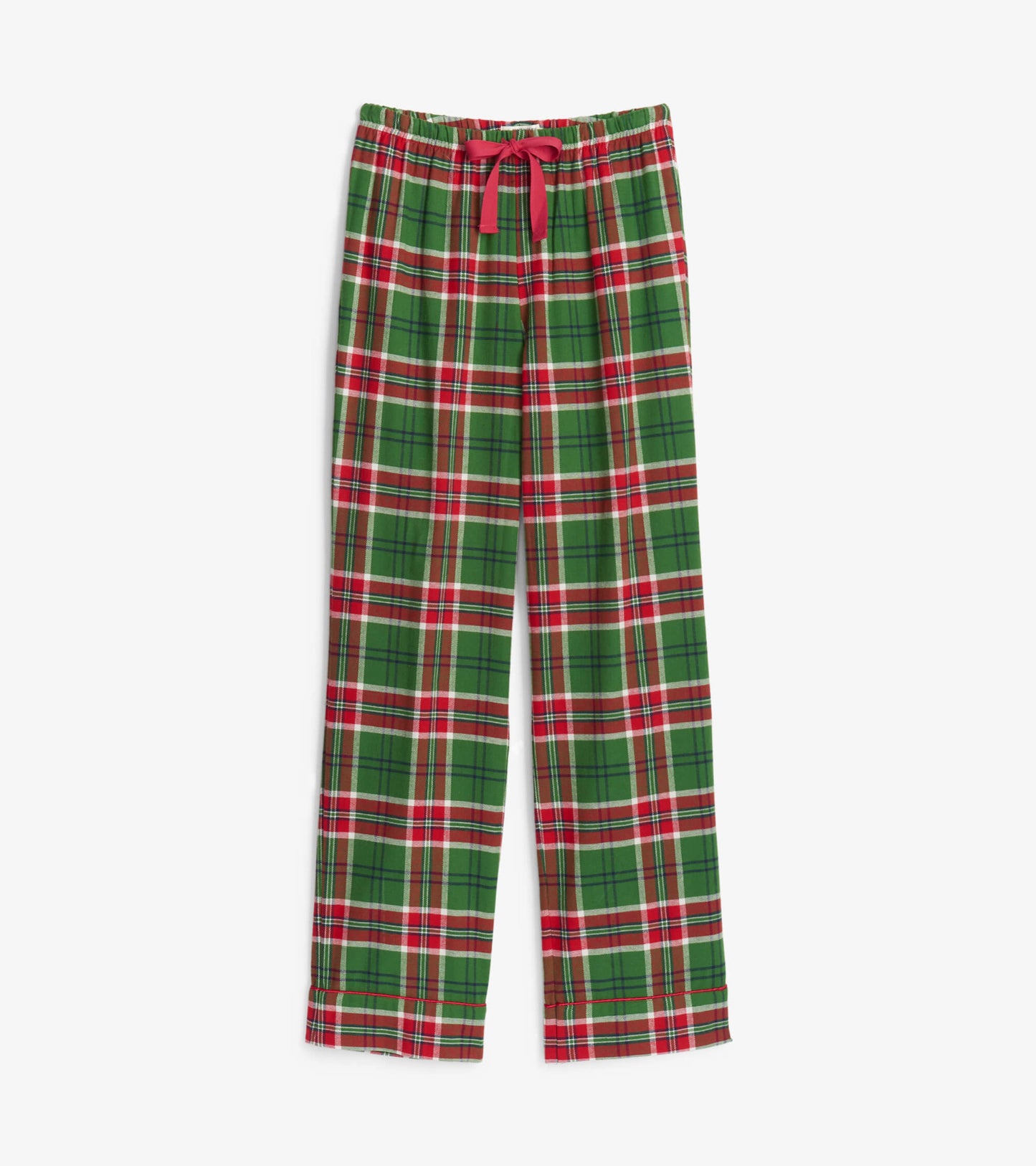 Green and red plaid flannel pajama pants with an elastic waistband and drawstring.