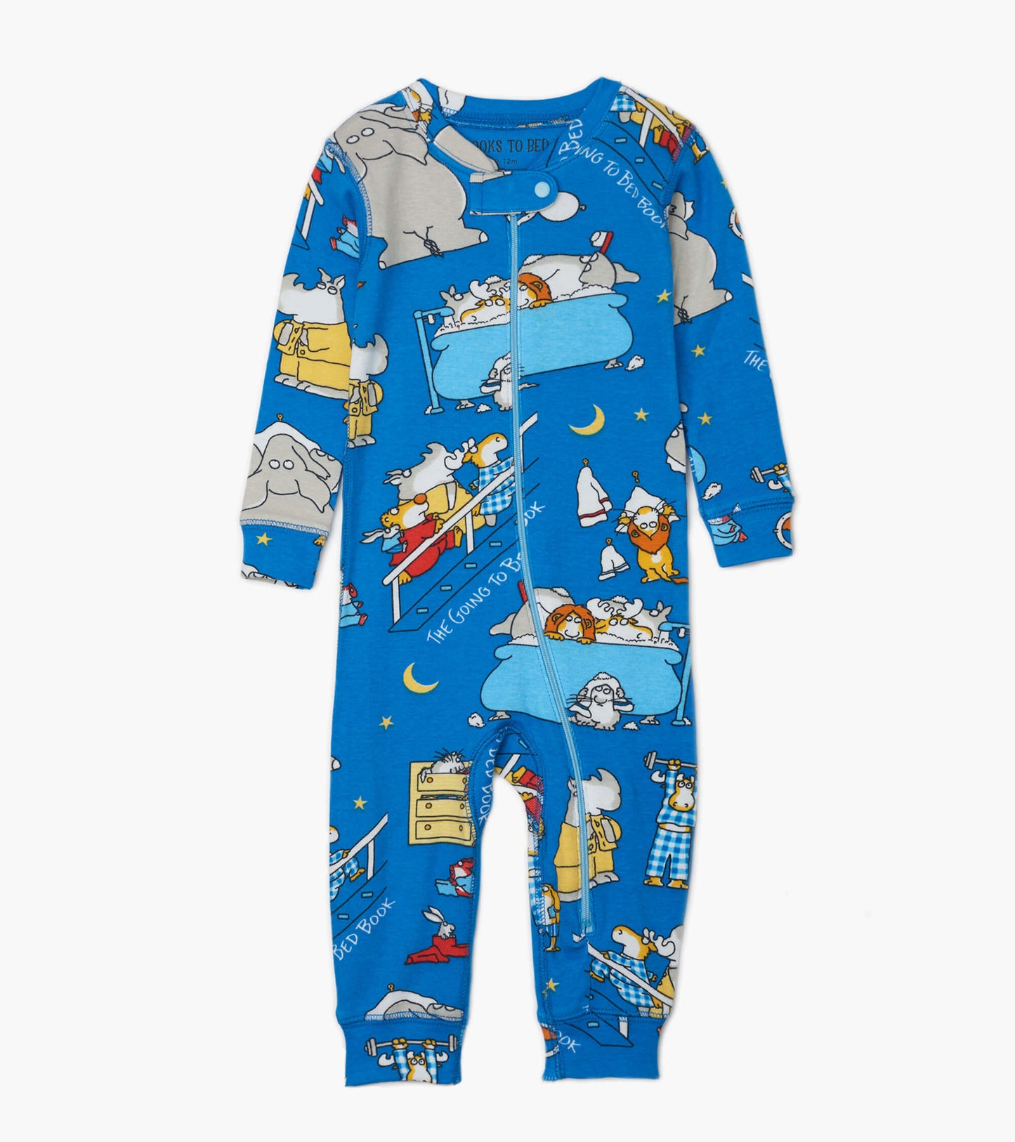 Blue infant coverall featuring playful bedtime-themed illustrations, with long sleeves and a front zipper closure.